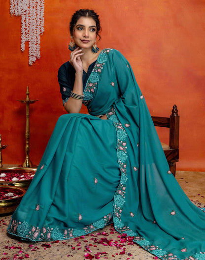 Teal Blue Shimmer Embroidery Saree