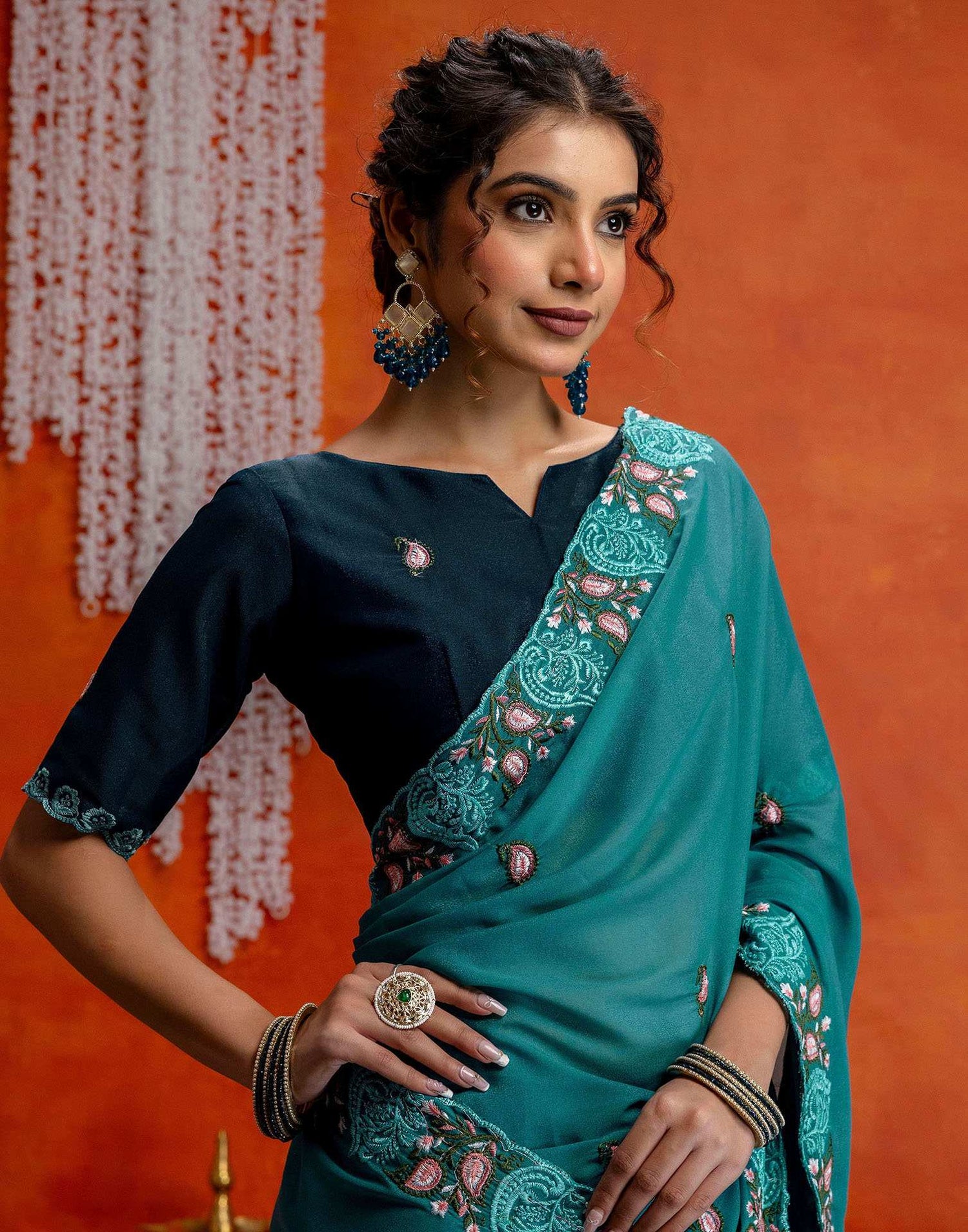 Teal Blue Shimmer Embroidery Saree