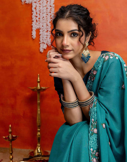 Teal Blue Shimmer Embroidery Saree