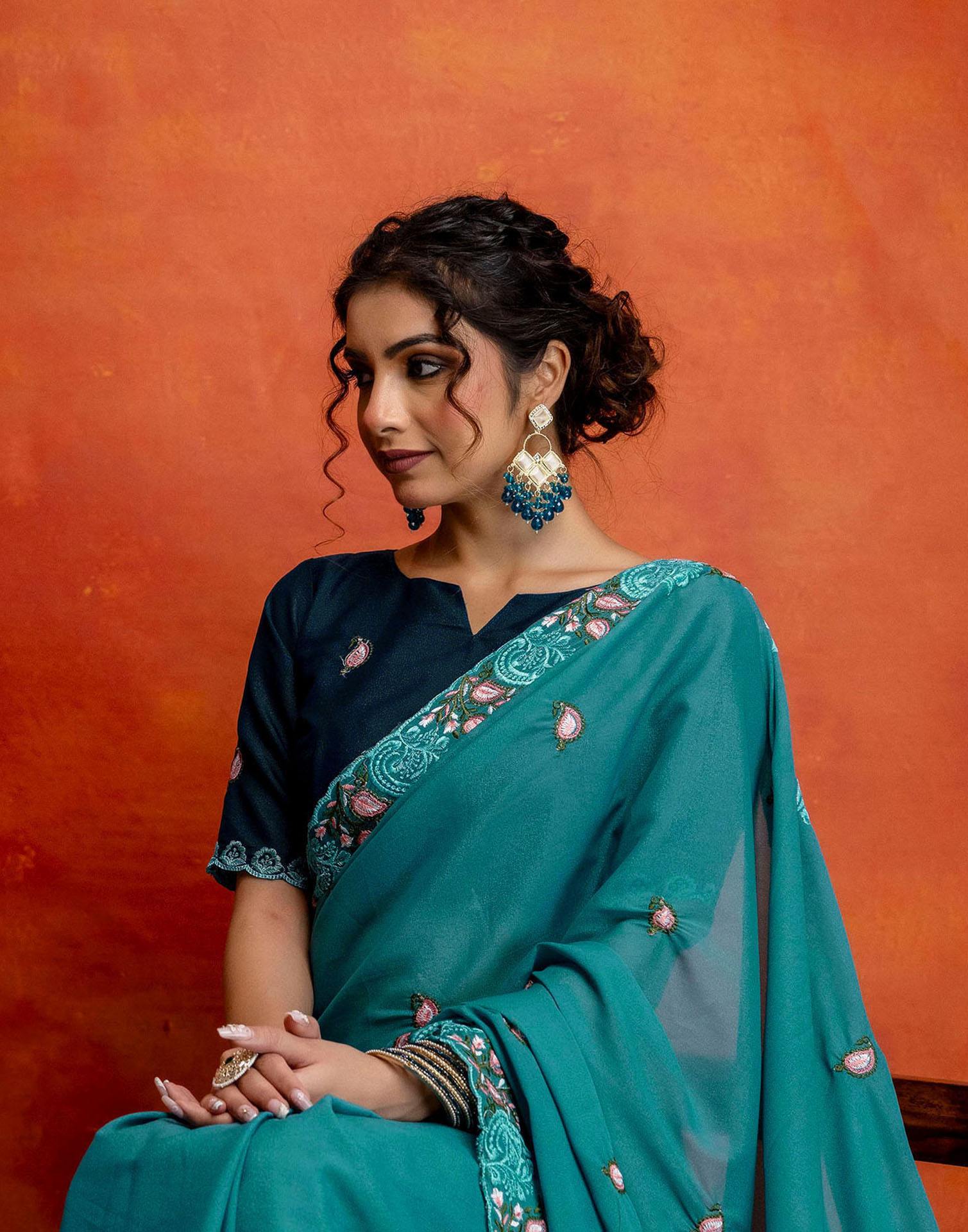Teal Blue Shimmer Embroidery Saree
