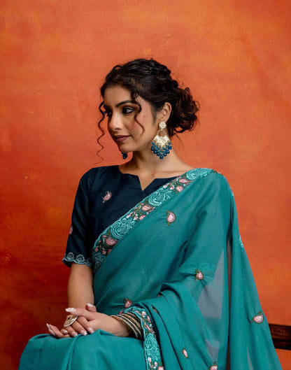 Teal Blue Shimmer Embroidery Saree