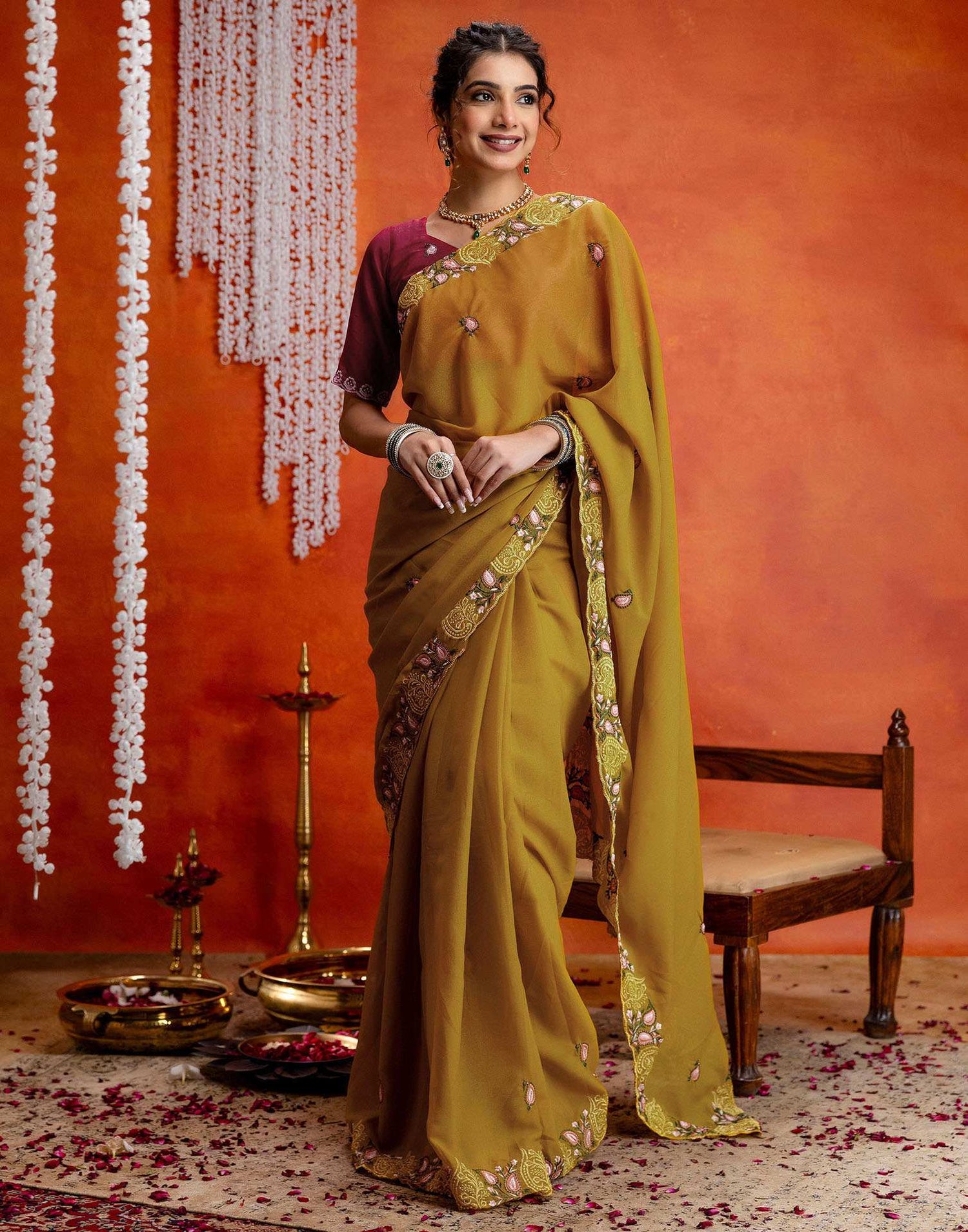 Yellow Shimmer Embroidery Saree