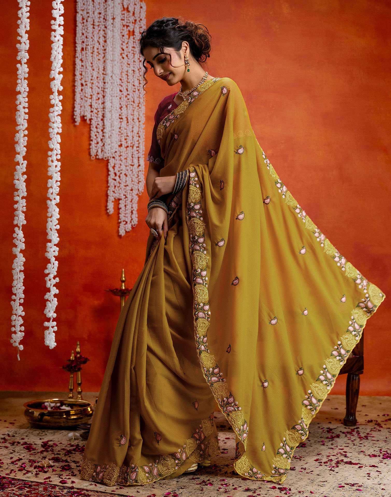 Yellow Shimmer Embroidery Saree
