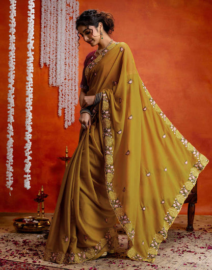 Yellow Shimmer Embroidery Saree