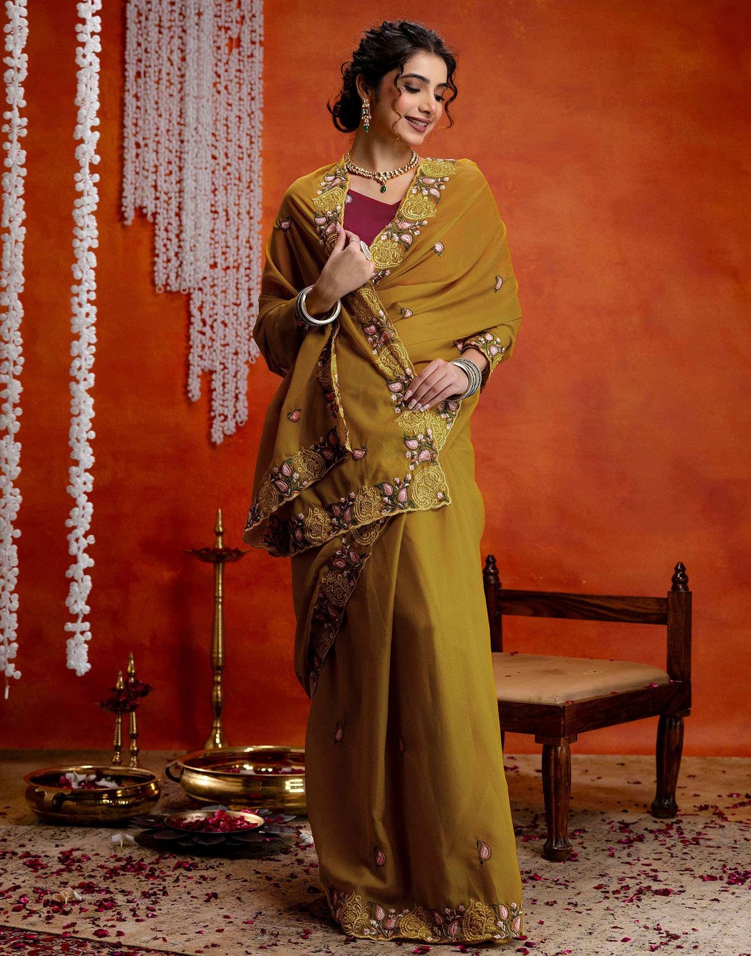 Yellow Shimmer Embroidery Saree
