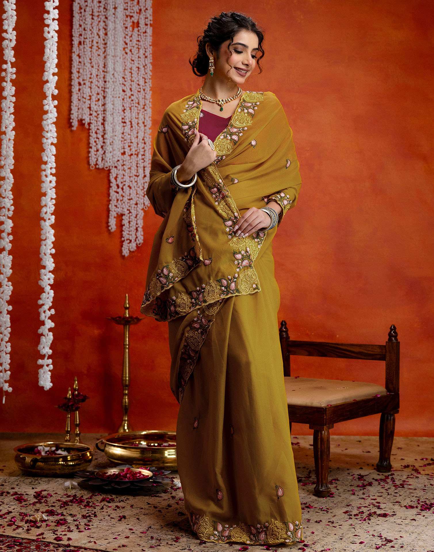 Yellow Shimmer Embroidery Saree