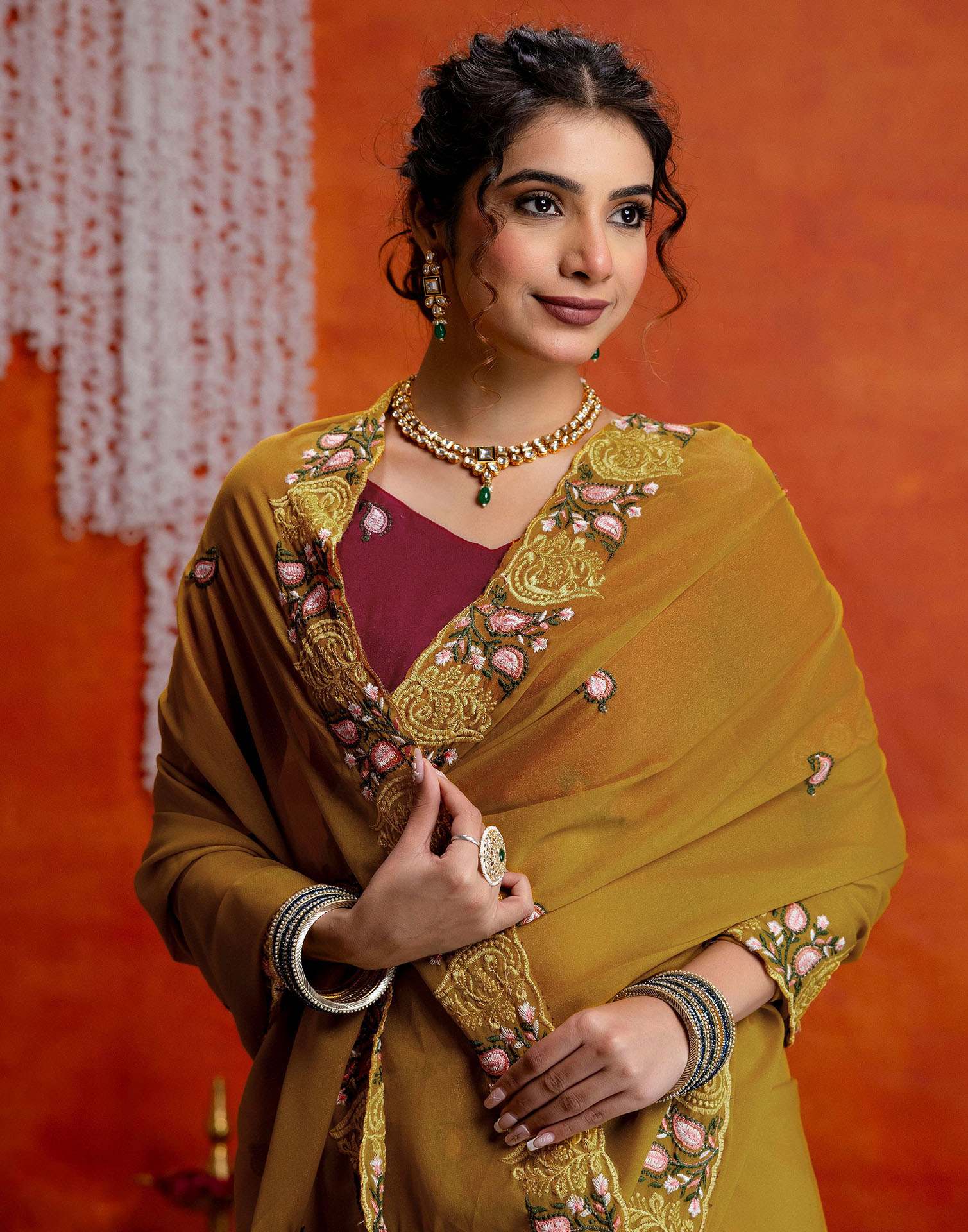 Yellow Shimmer Embroidery Saree
