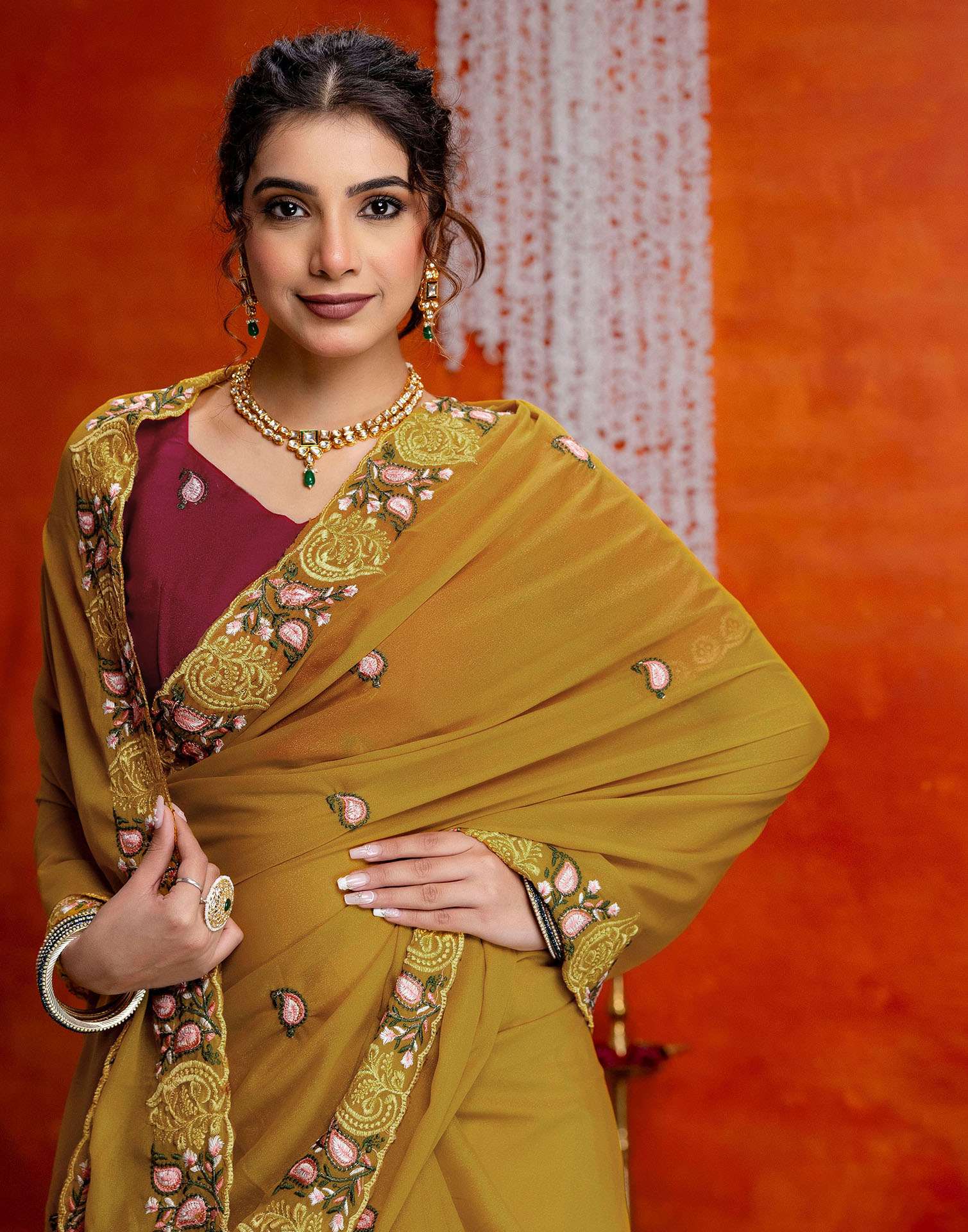 Yellow Shimmer Embroidery Saree