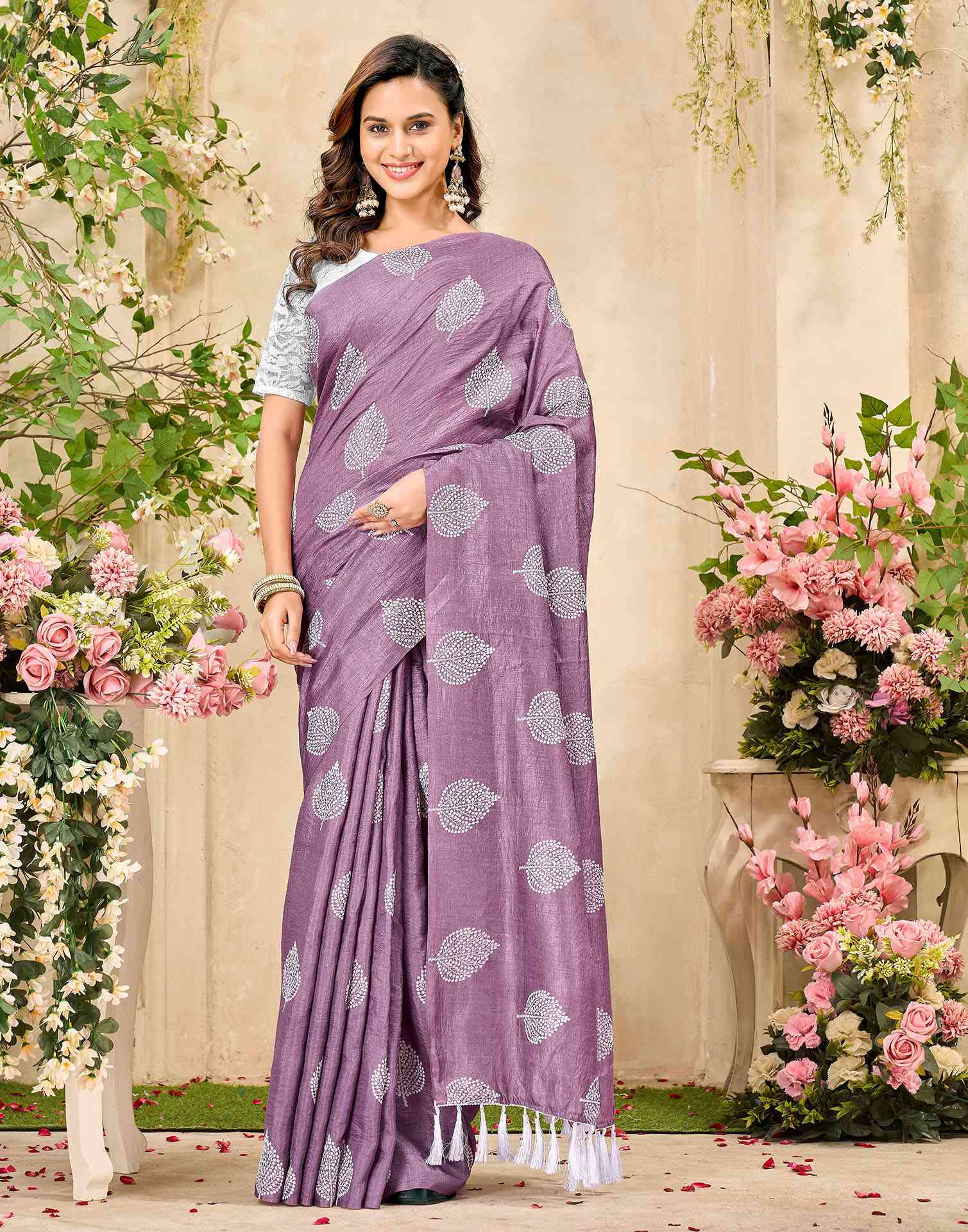 Mauve Vichitra Silk Printed Saree