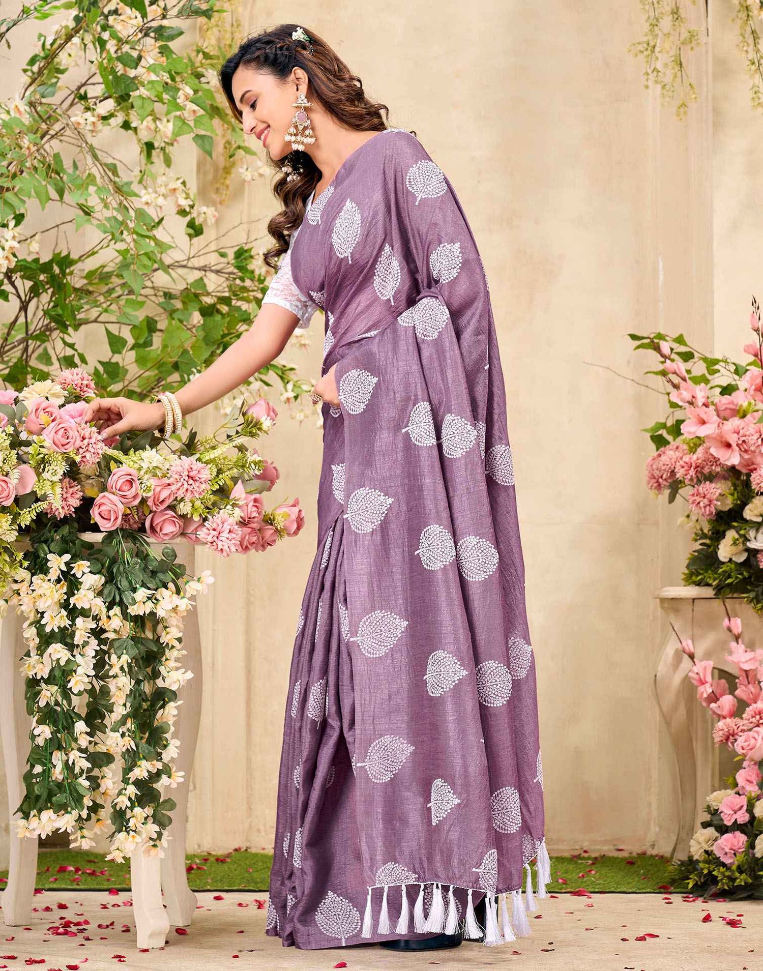 Mauve Vichitra Silk Printed Saree