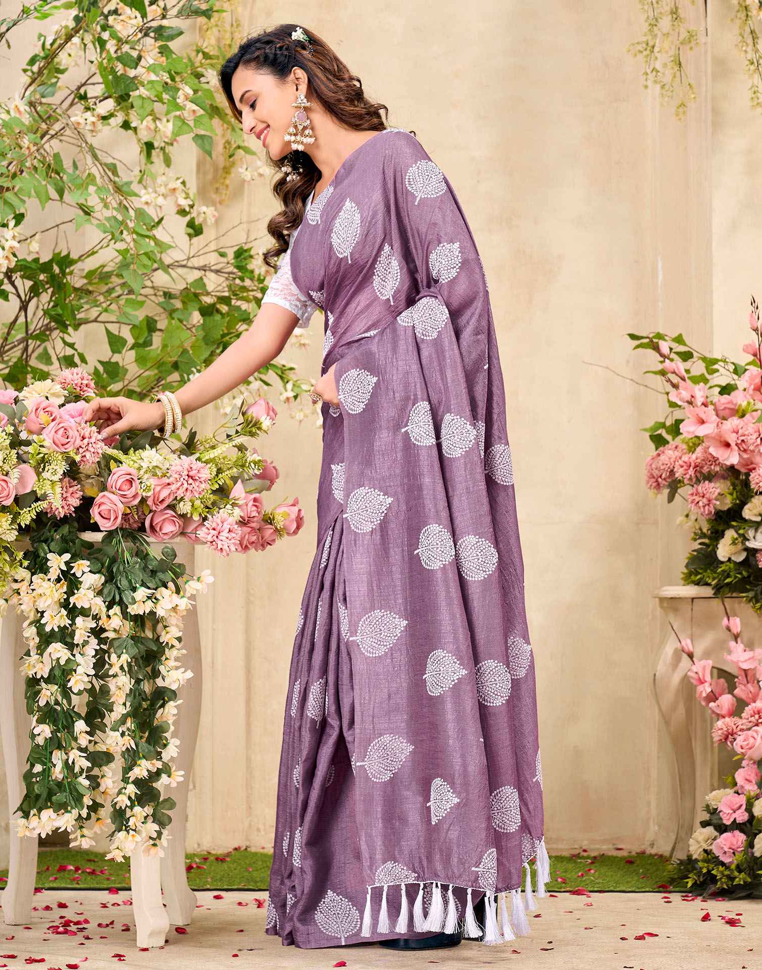 Mauve Vichitra Silk Printed Saree