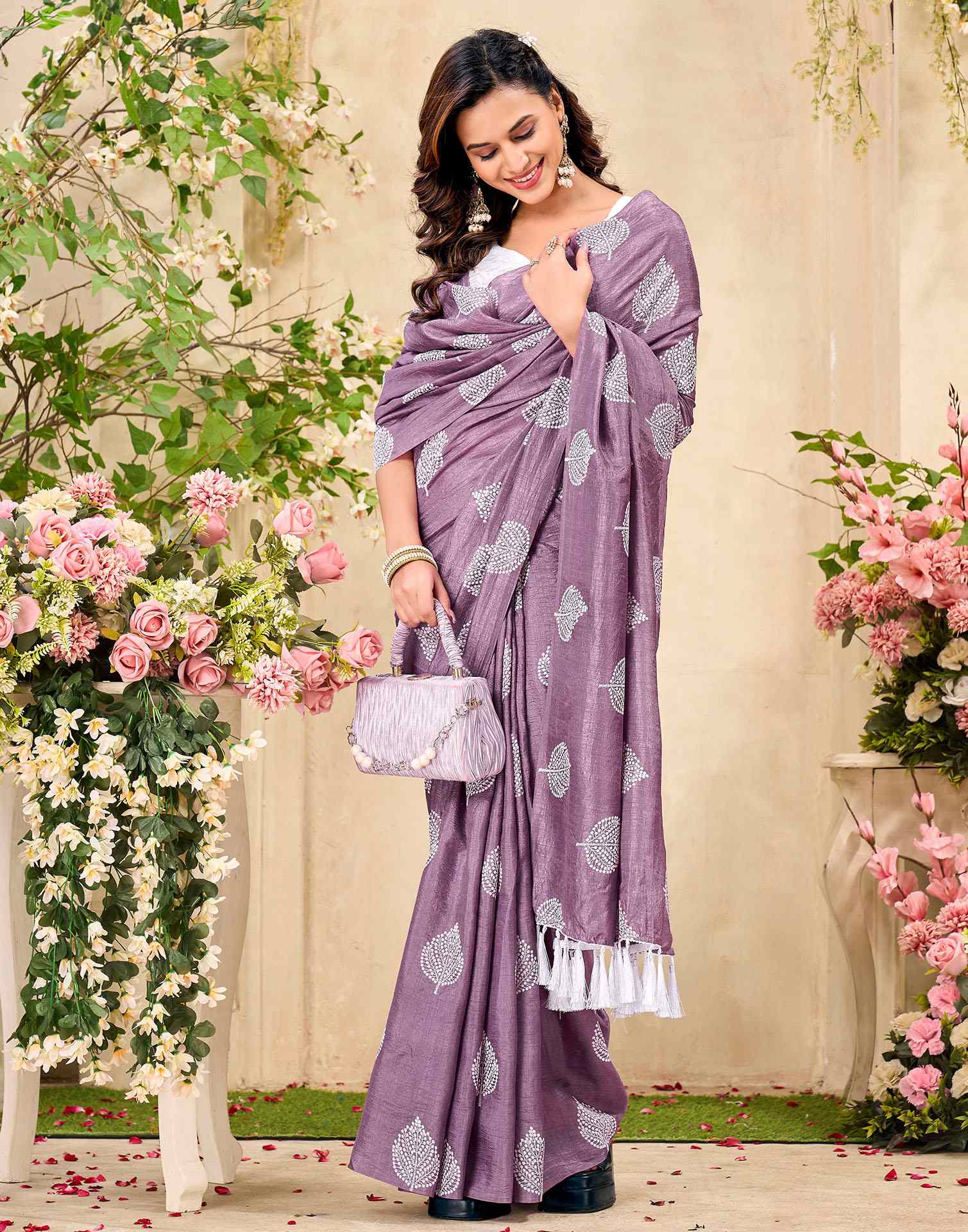 Mauve Vichitra Silk Printed Saree