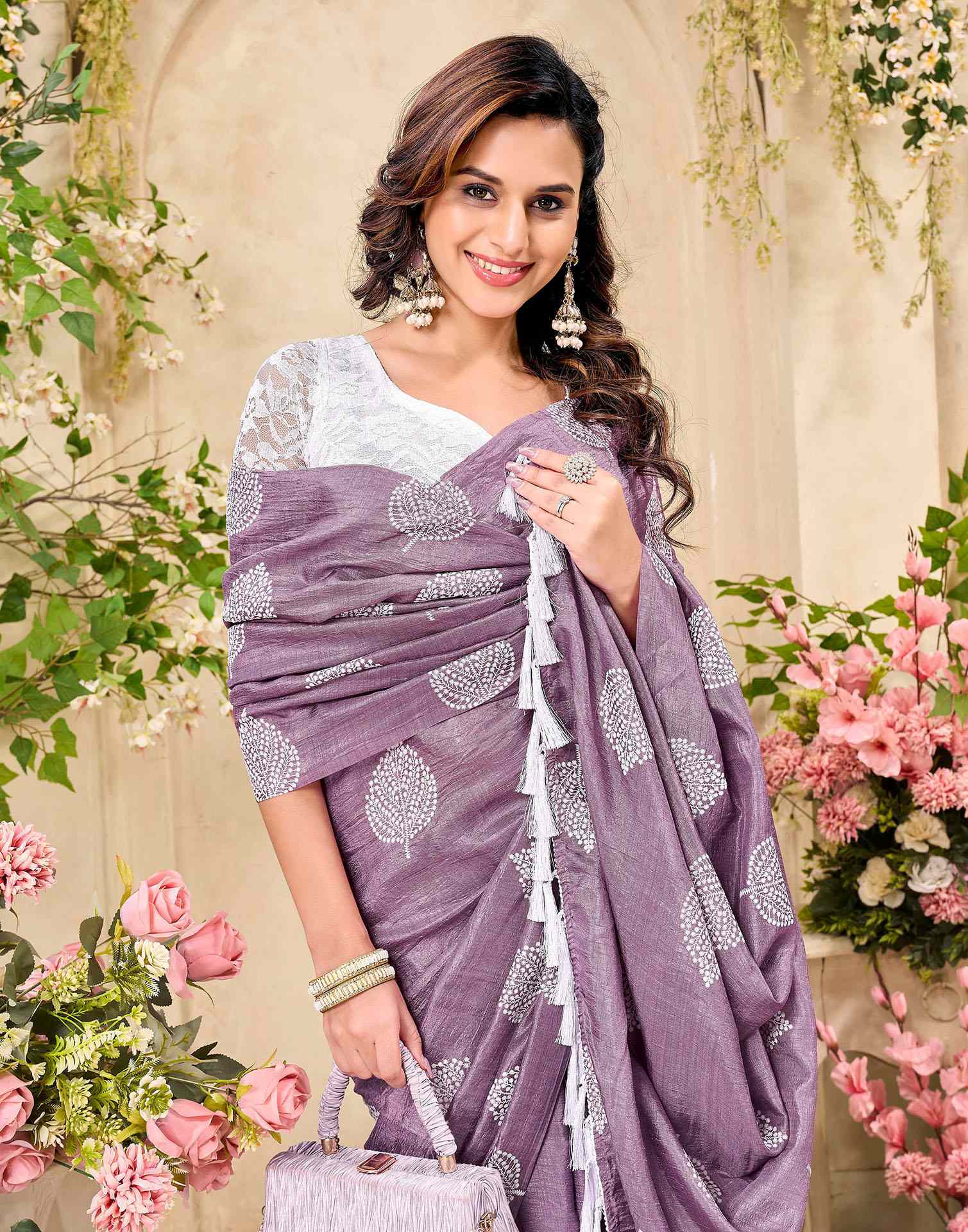 Mauve Vichitra Silk Printed Saree
