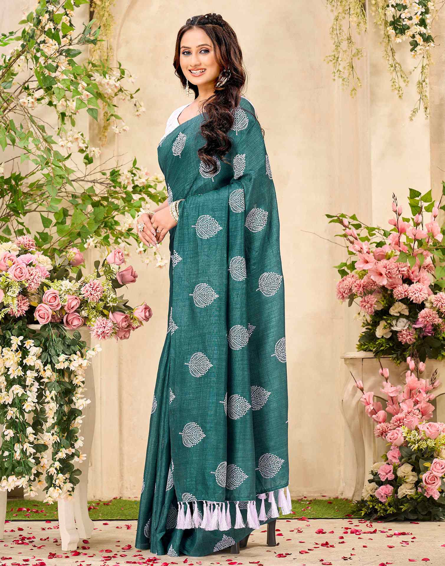 Rama Green Vichitra Silk Printed Saree