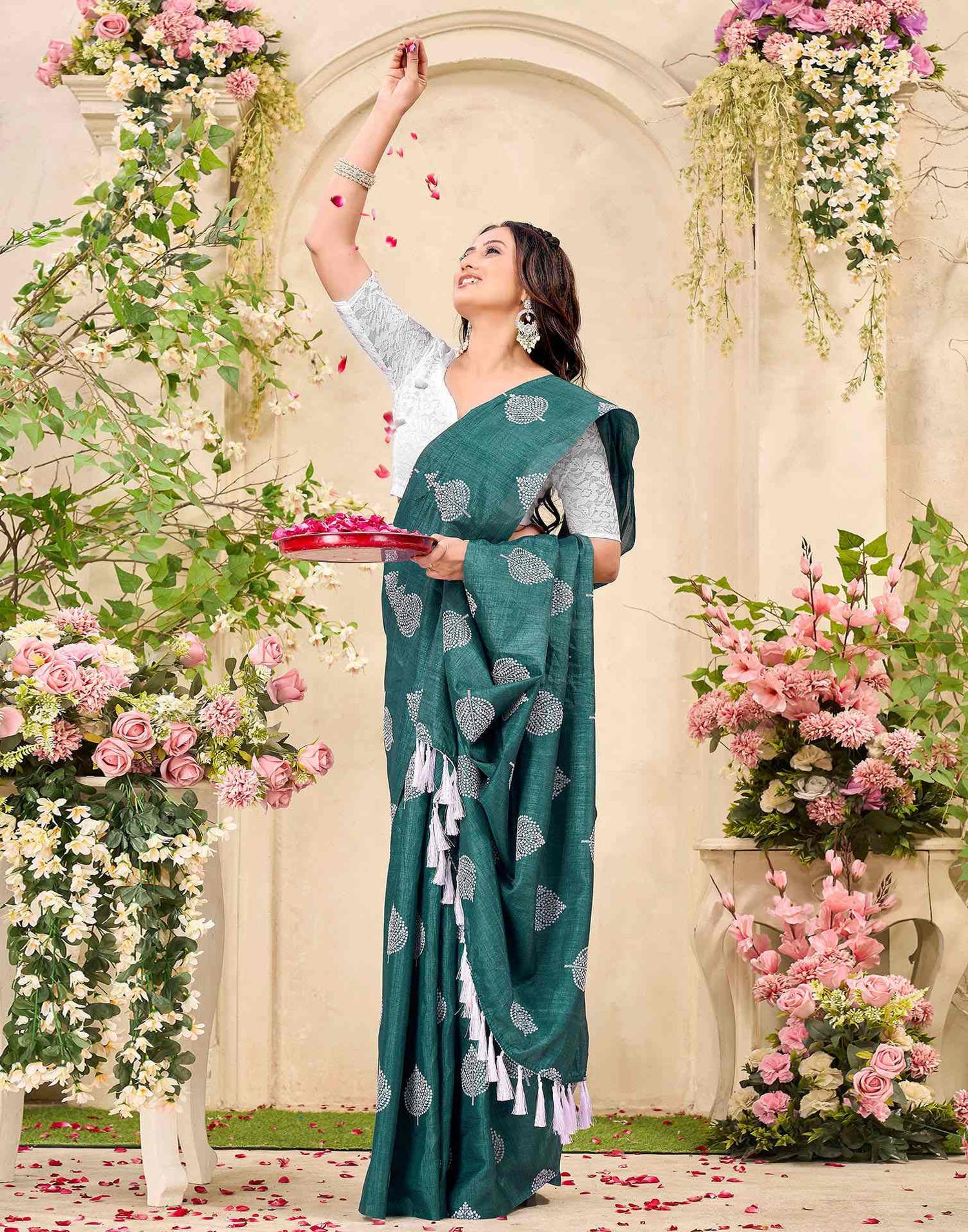 Rama Green Vichitra Silk Printed Saree