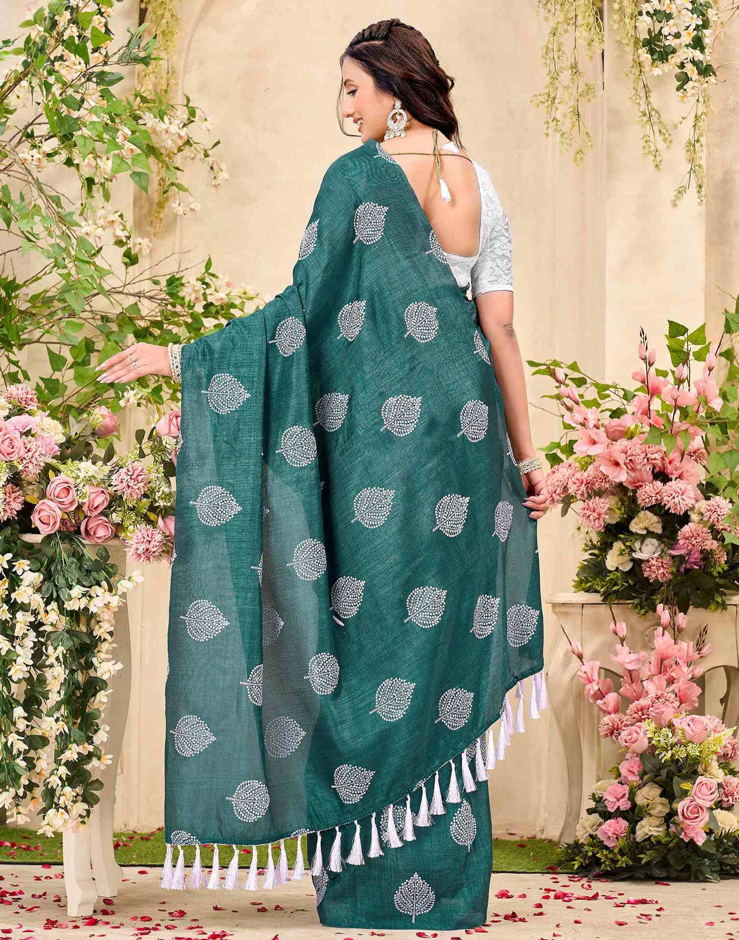 Rama Green Vichitra Silk Printed Saree