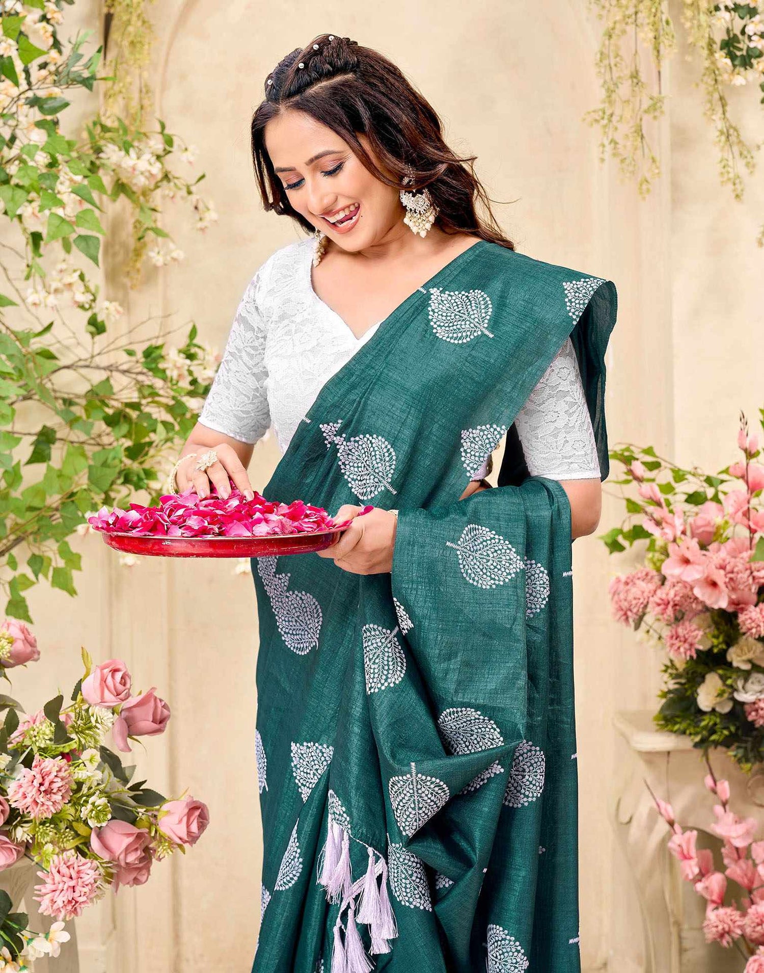 Rama Green Vichitra Silk Printed Saree