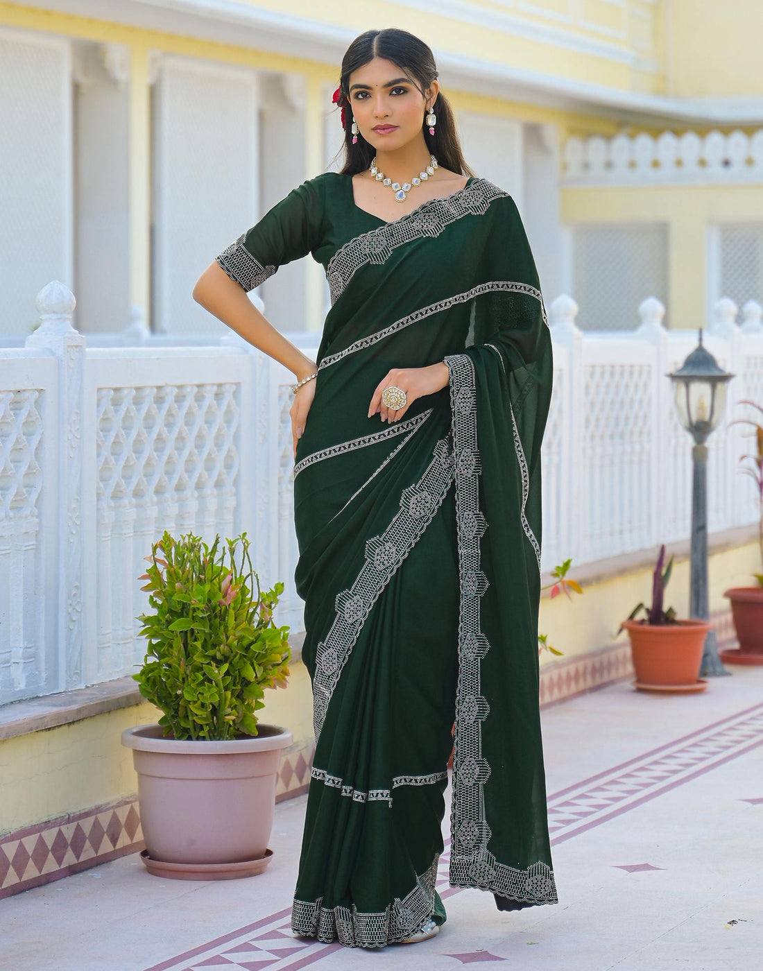 Bottle Green Shimmer Stone Work Embellished Saree