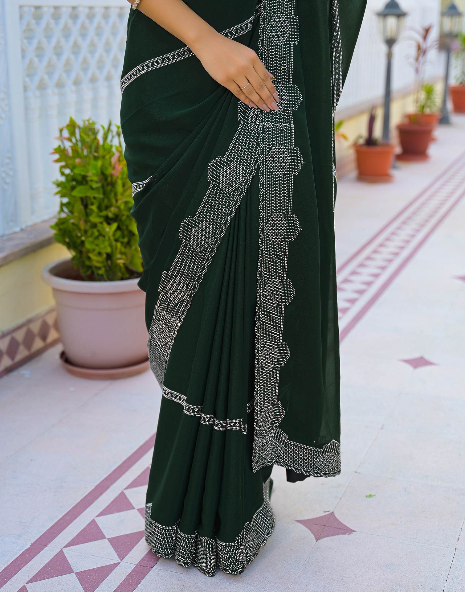Bottle Green Shimmer Stone Work Embellished Saree