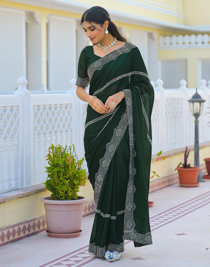 Bottle Green Shimmer Stone Work Embellished Saree