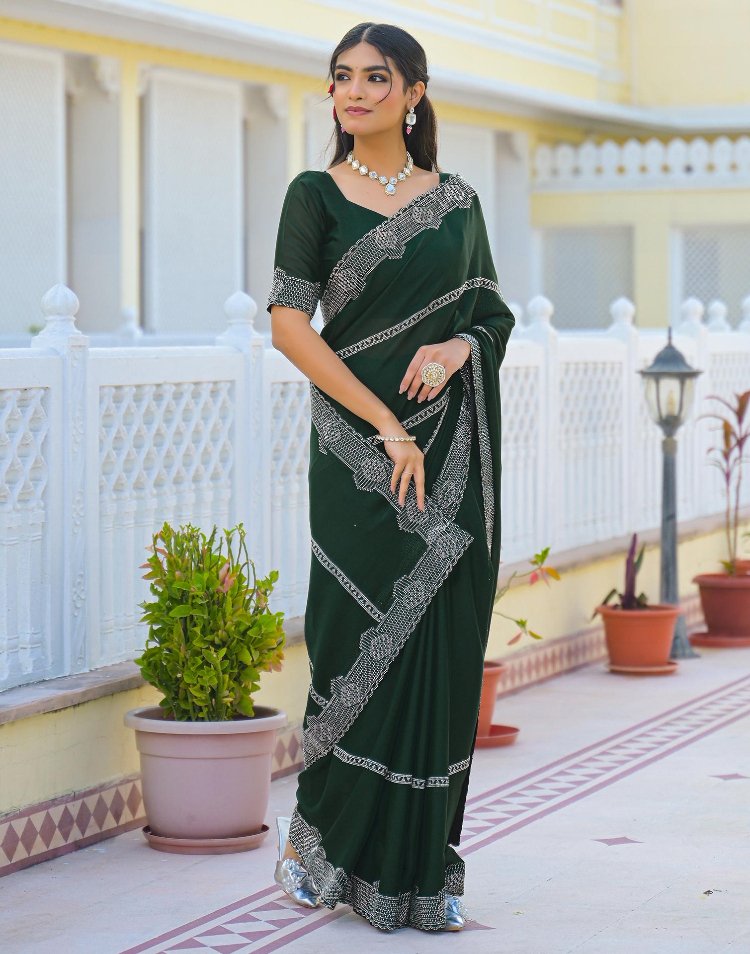 Bottle Green Shimmer Stone Work Embellished Saree