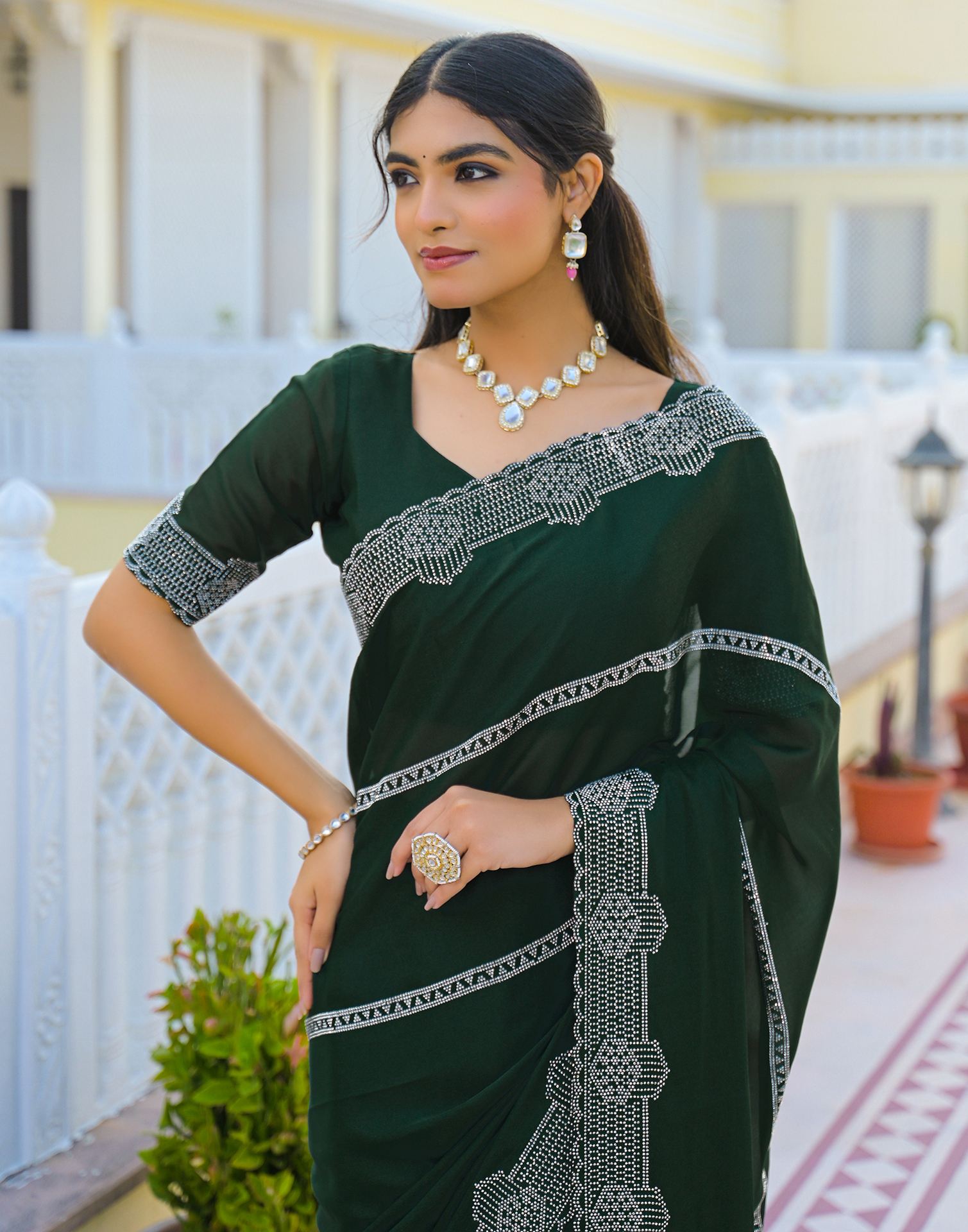 Bottle Green Shimmer Stone Work Embellished Saree