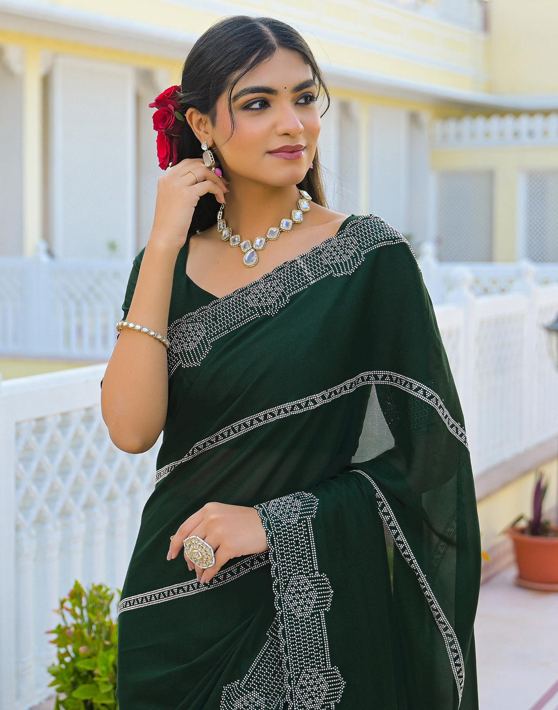 Bottle Green Shimmer Stone Work Embellished Saree