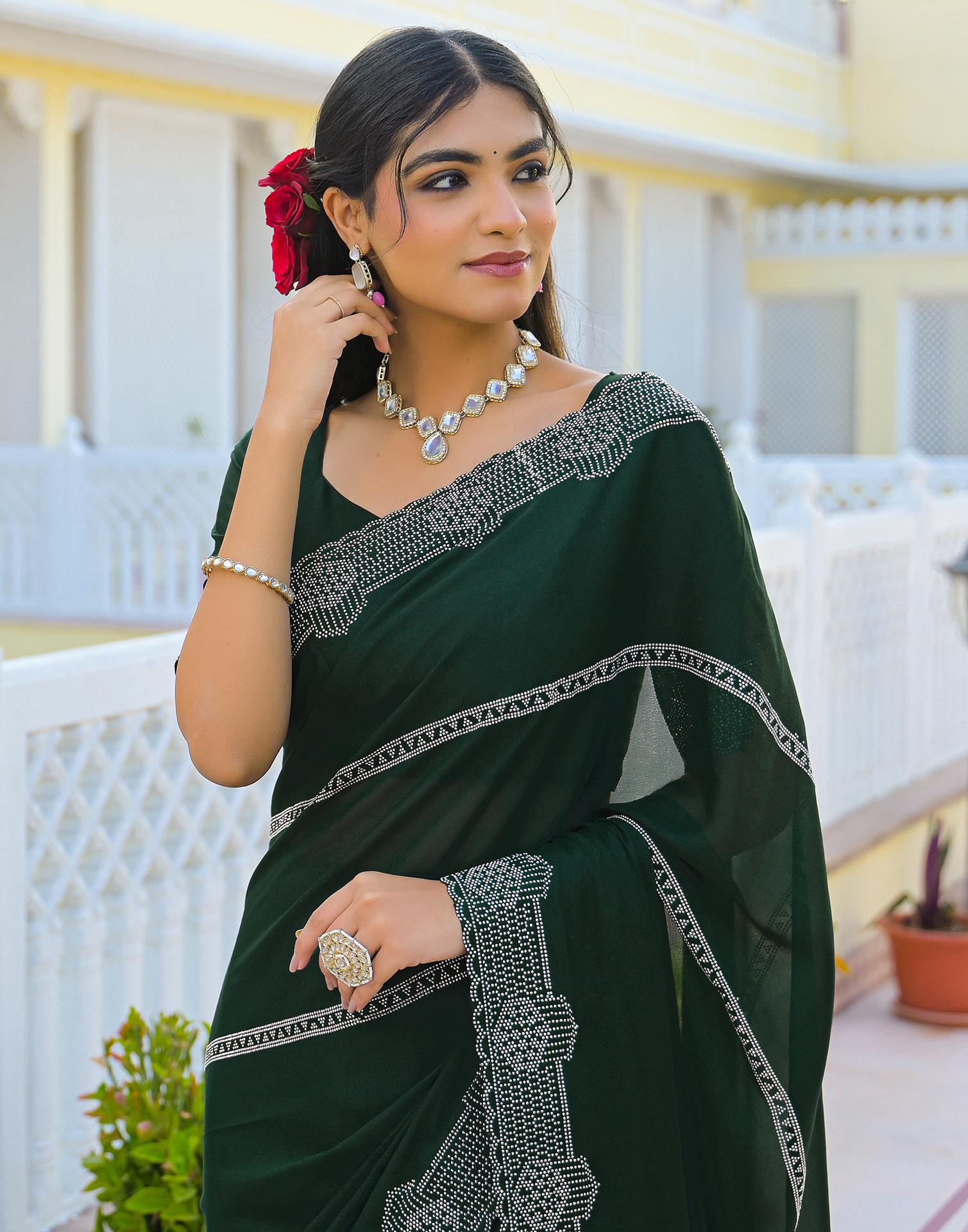 Bottle Green Shimmer Stone Work Embellished Saree