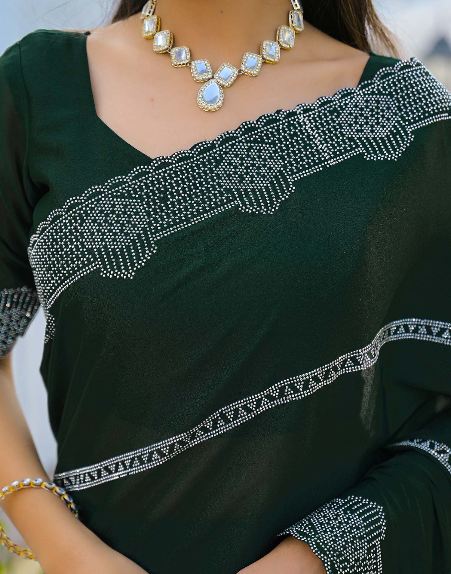 Bottle Green Shimmer Stone Work Embellished Saree