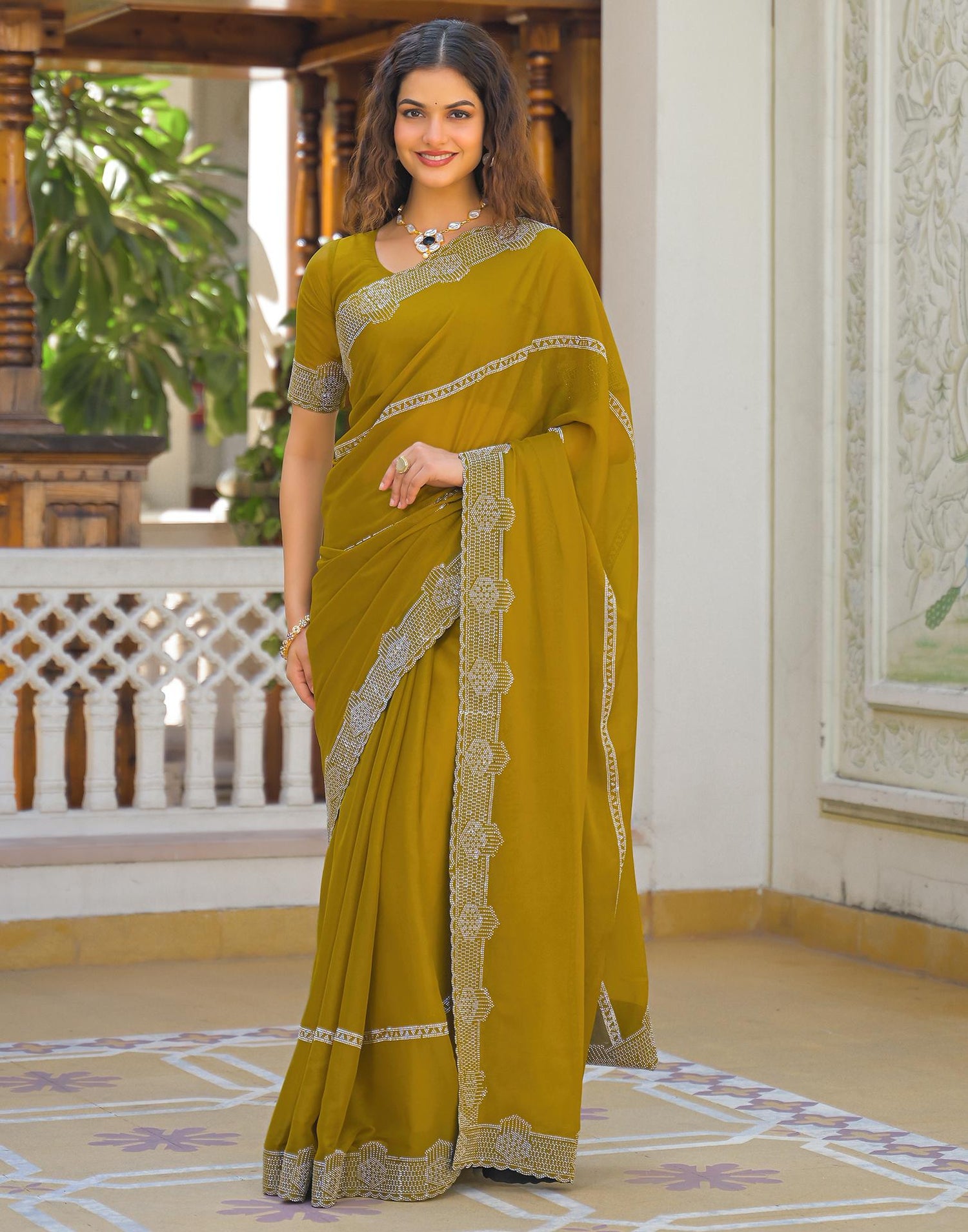 Mustard Yellow Shimmer Stone Work Embellished Saree