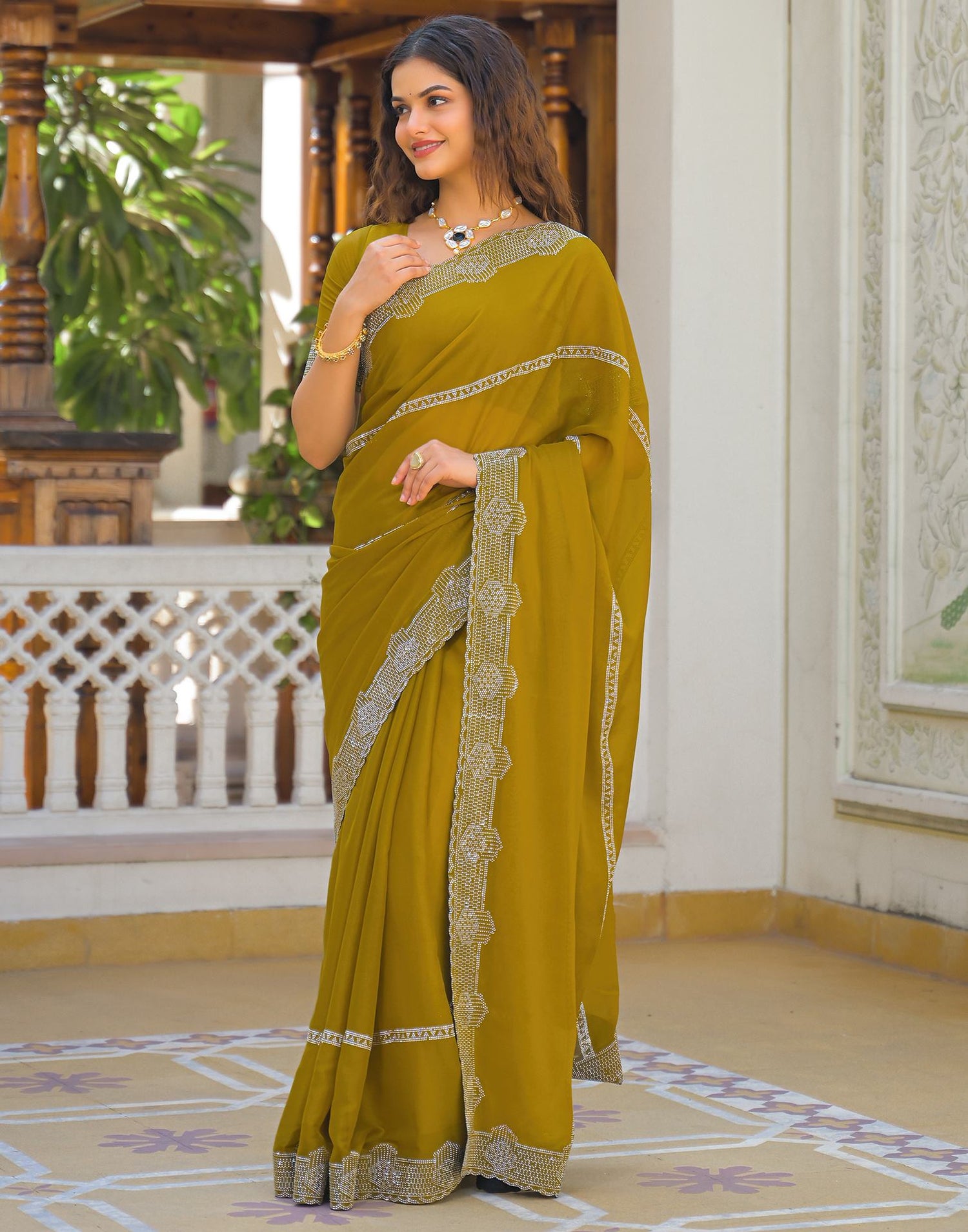 Mustard Yellow Shimmer Stone Work Embellished Saree