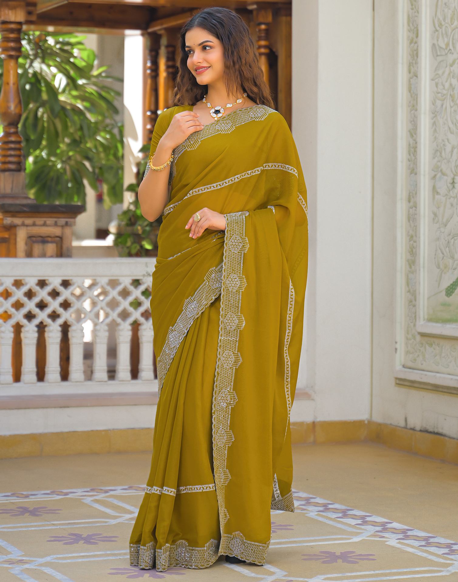 Mustard Yellow Shimmer Stone Work Embellished Saree