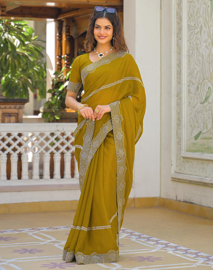 Mustard Yellow Shimmer Stone Work Embellished Saree