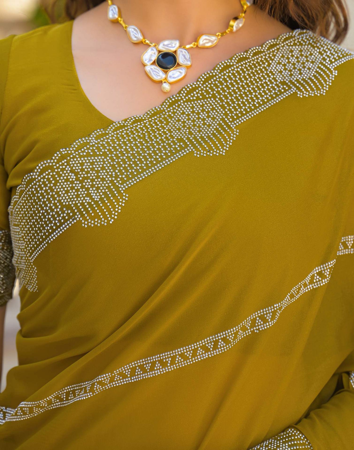 Mustard Yellow Shimmer Stone Work Embellished Saree