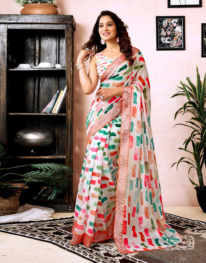 Ready To Wear White Linen Printed Saree With Pocket
