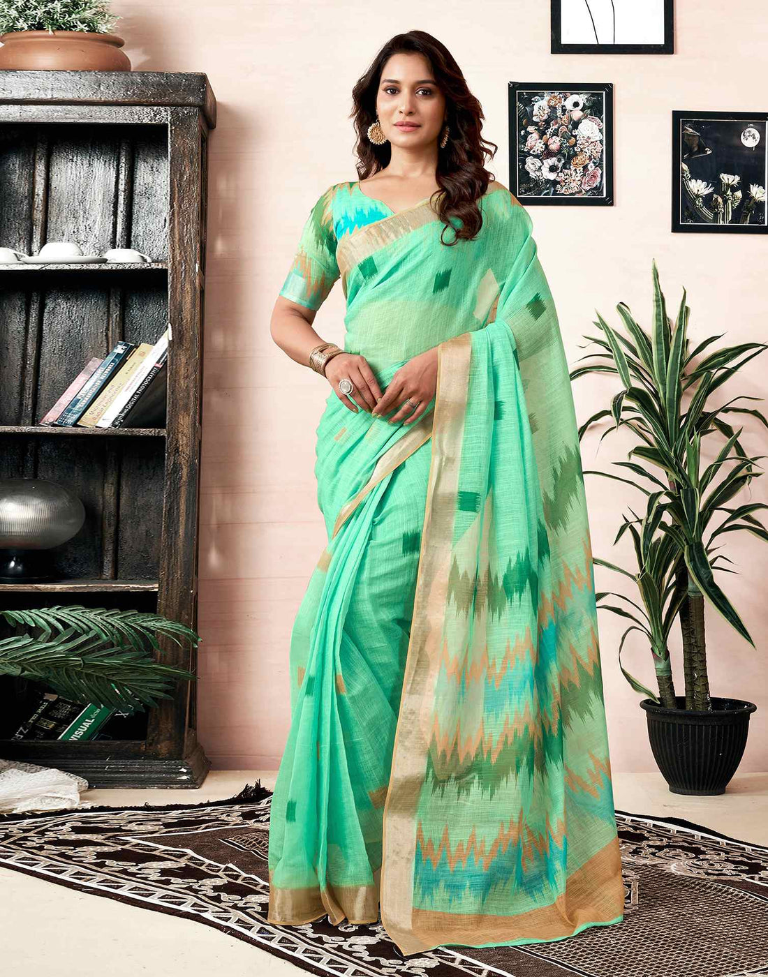 Ready To Wear Light Teal Green Linen Printed Saree With Pocket