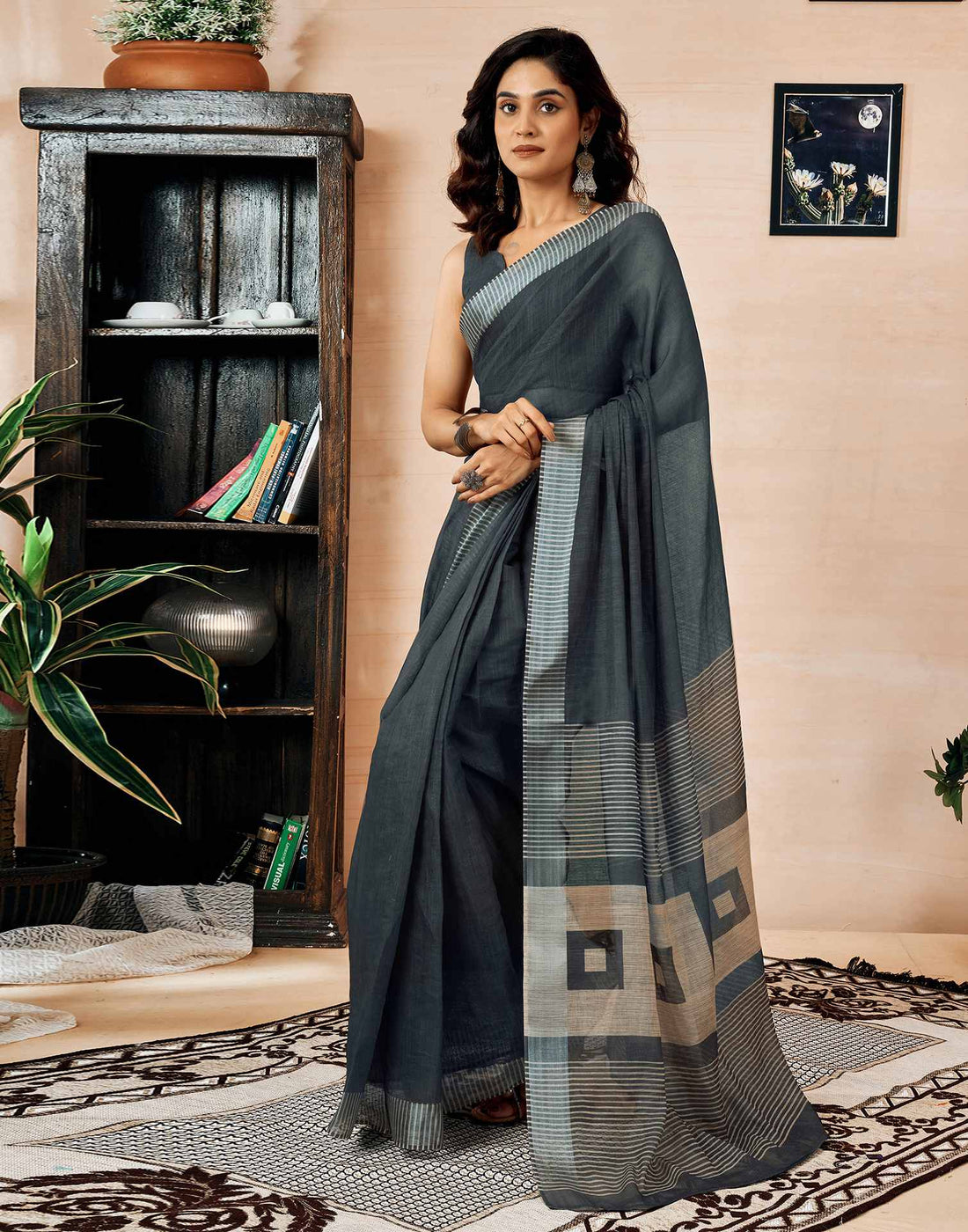 Ready To Wear Dark Army Green Linen Printed Saree With Pocket