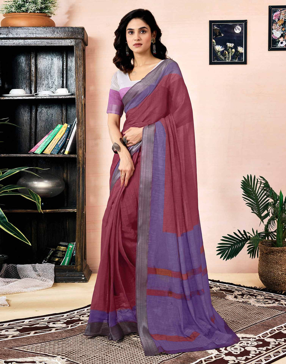 Ready To Wear Dusty Maroon Linen Printed Saree With Pocket