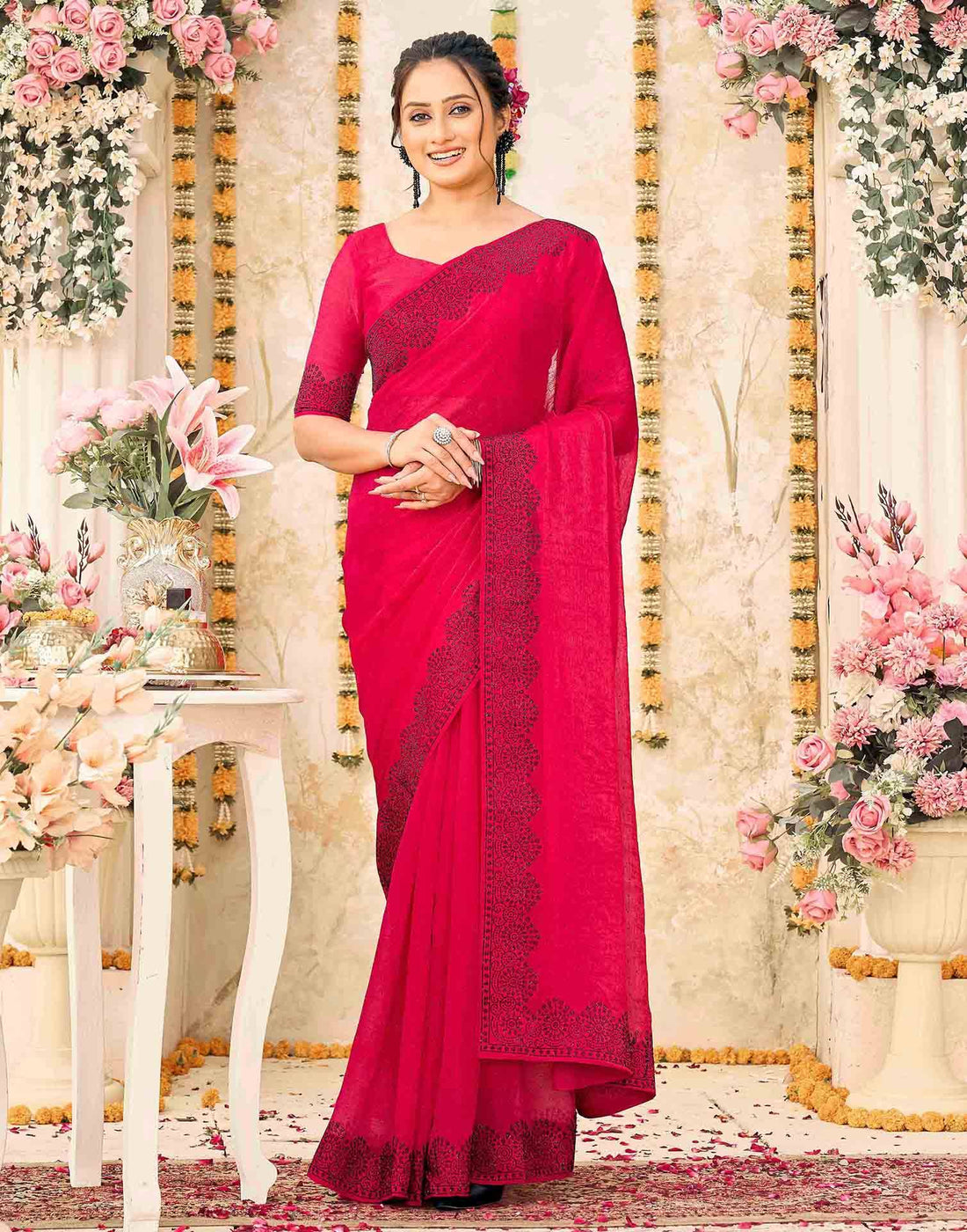 Rani Pink Shimmer Stone Work Swarovski  Saree