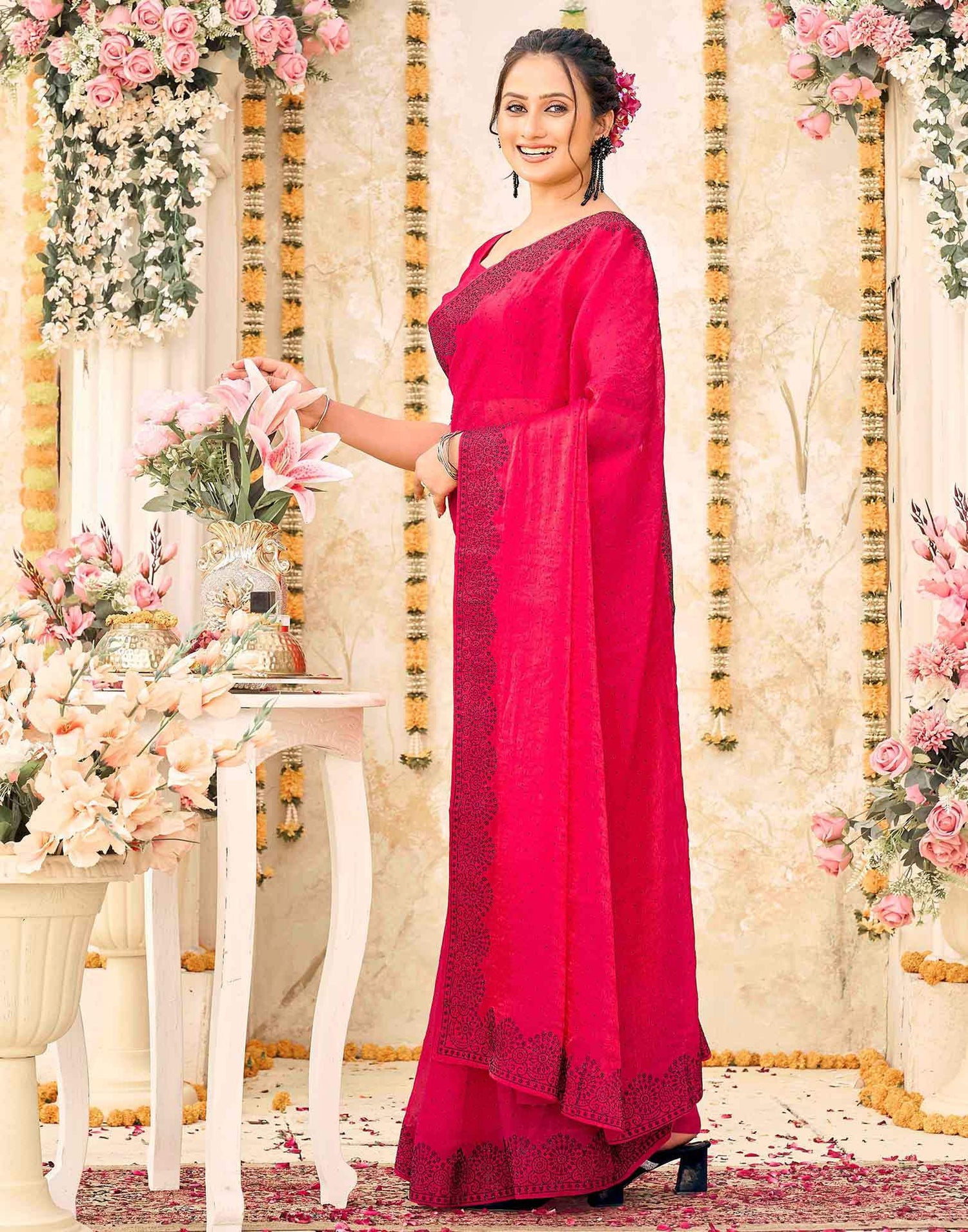 Rani Pink Shimmer Stone Work Swarovski  Saree