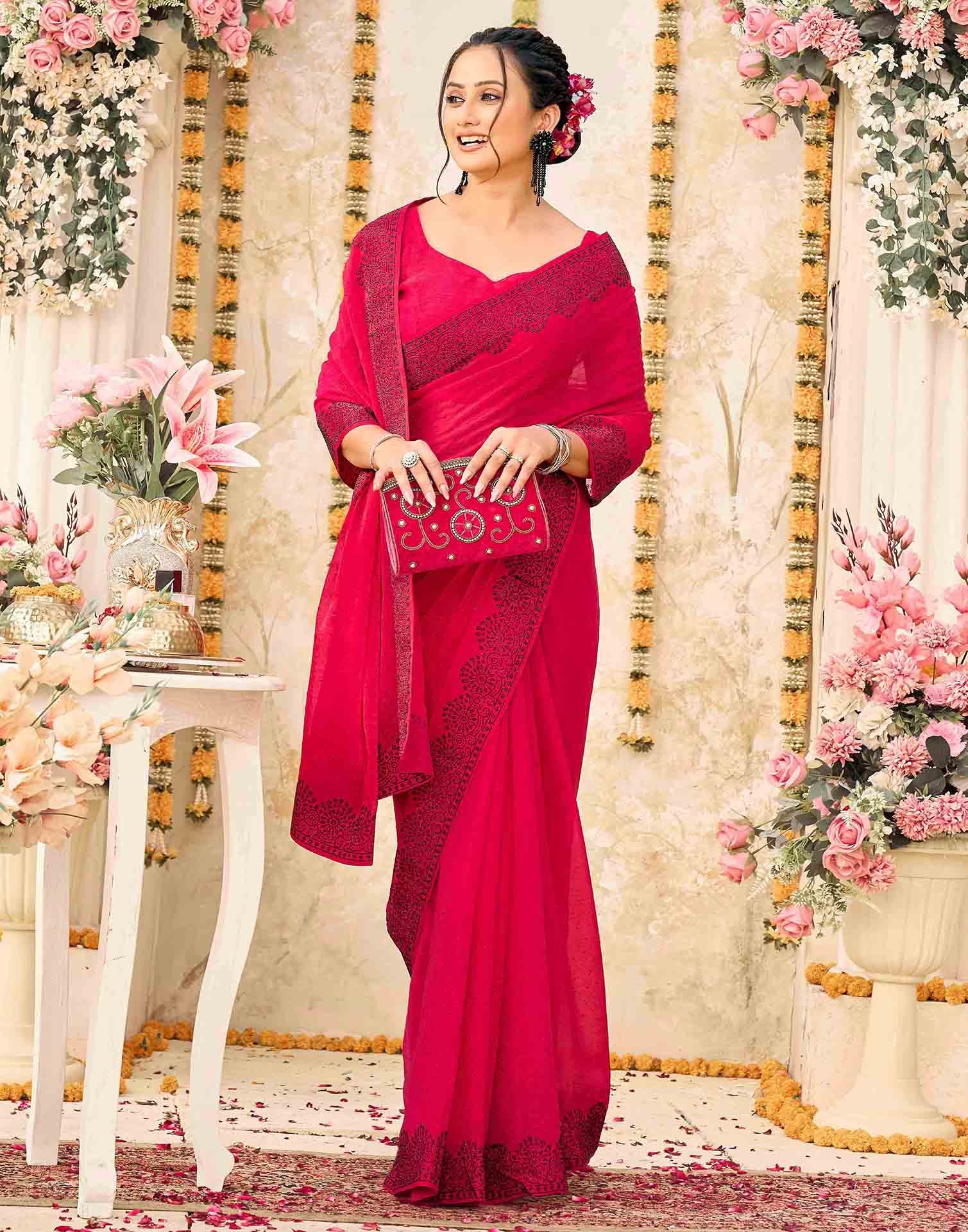 Rani Pink Shimmer Stone Work Swarovski  Saree