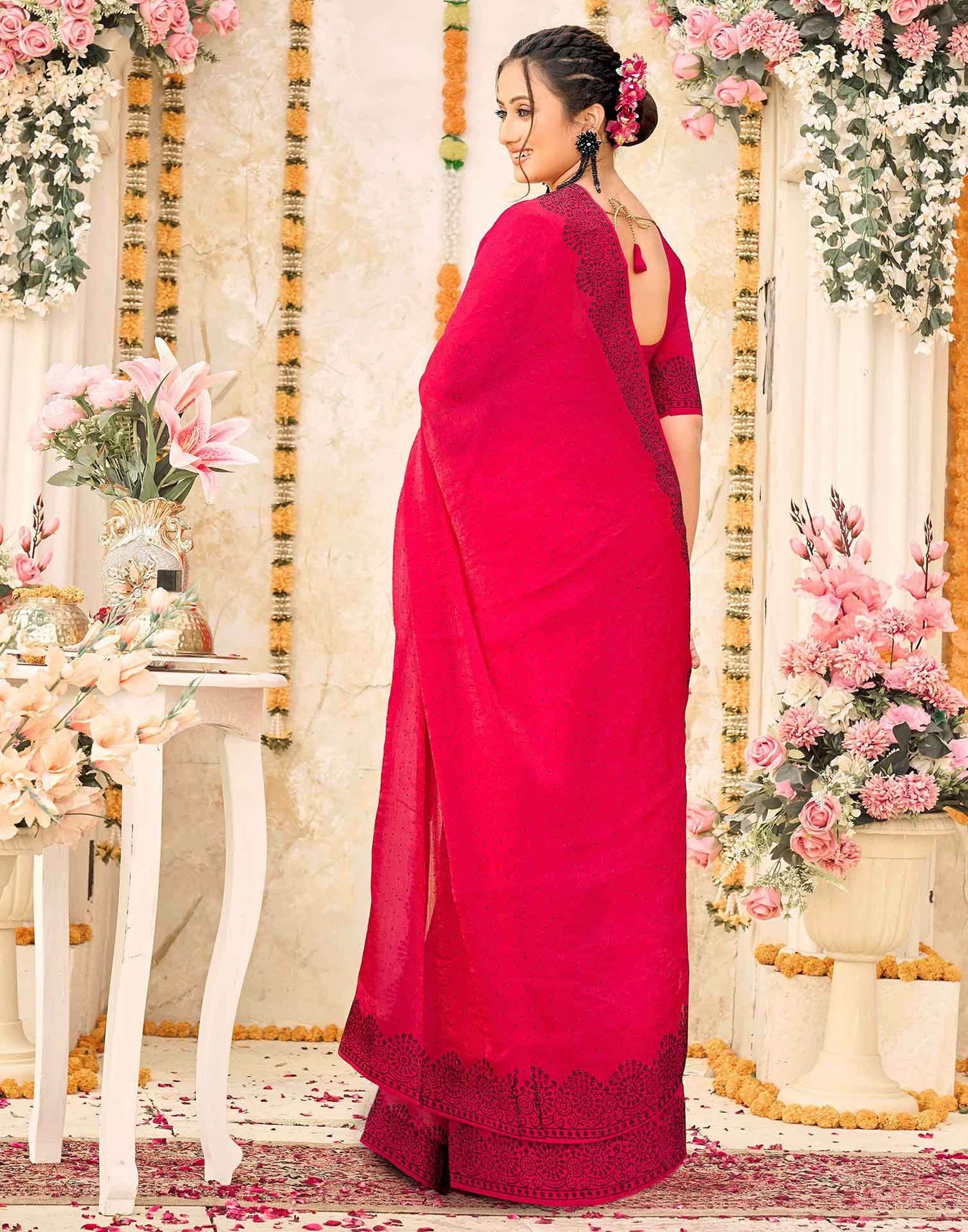 Rani Pink Shimmer Stone Work Swarovski  Saree