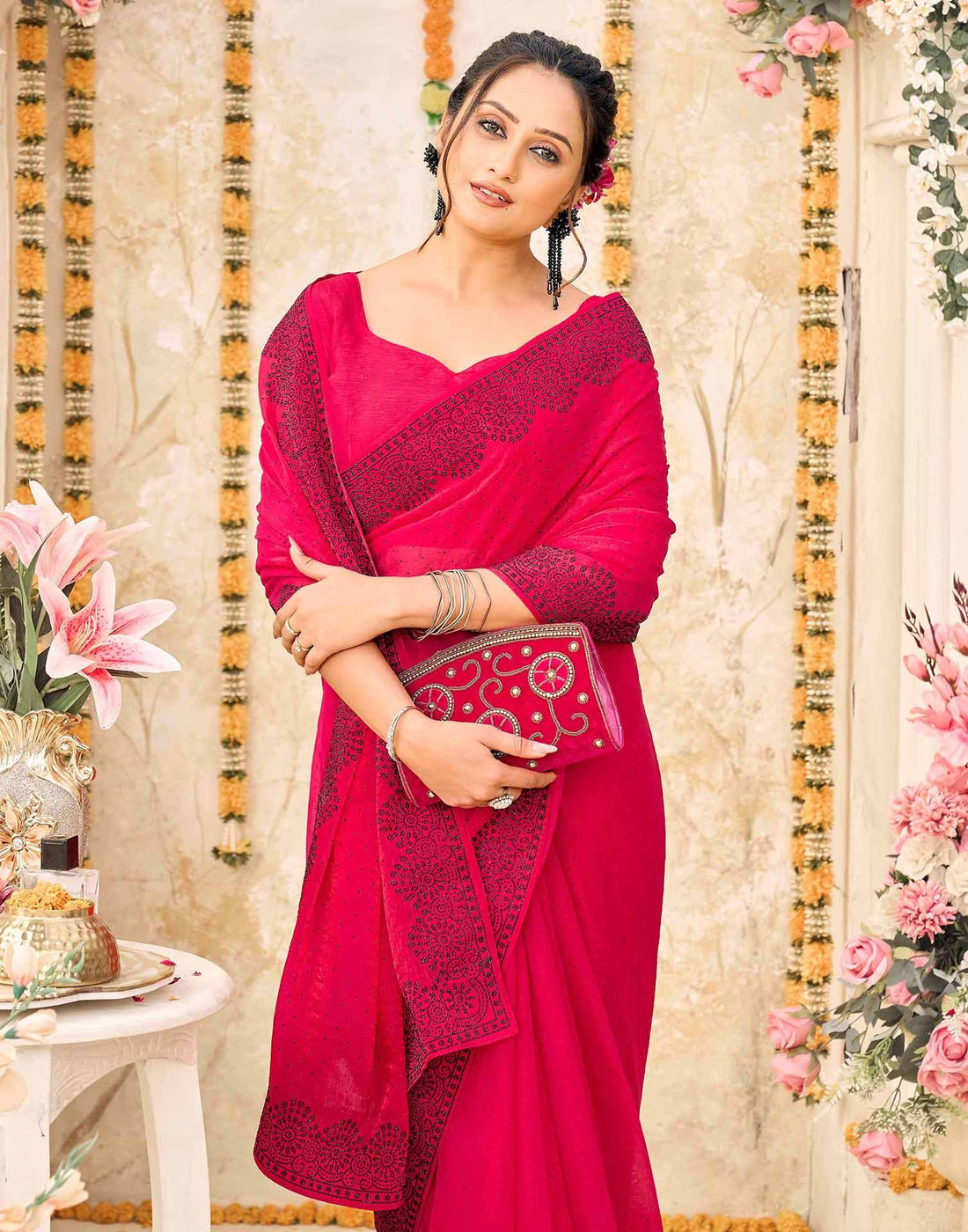 Rani Pink Shimmer Stone Work Swarovski  Saree