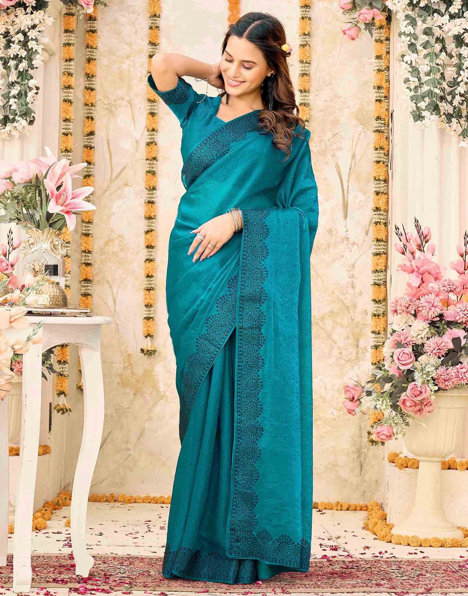 Teal Blue Shimmer Stone Work Swarovski  Saree