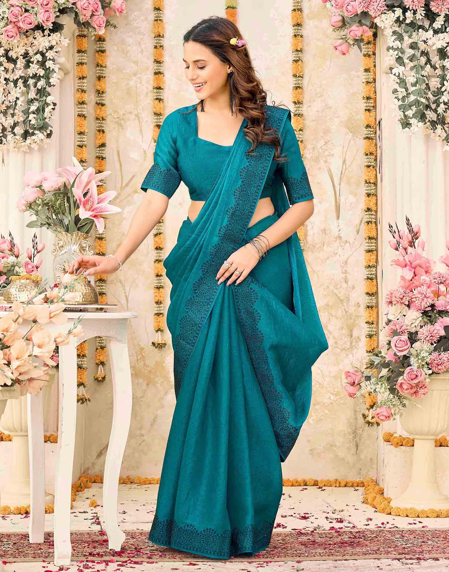 Teal Blue Shimmer Stone Work Swarovski  Saree