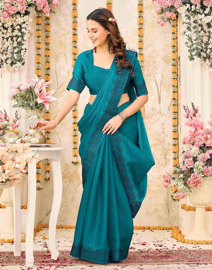 Teal Blue Shimmer Stone Work Swarovski  Saree