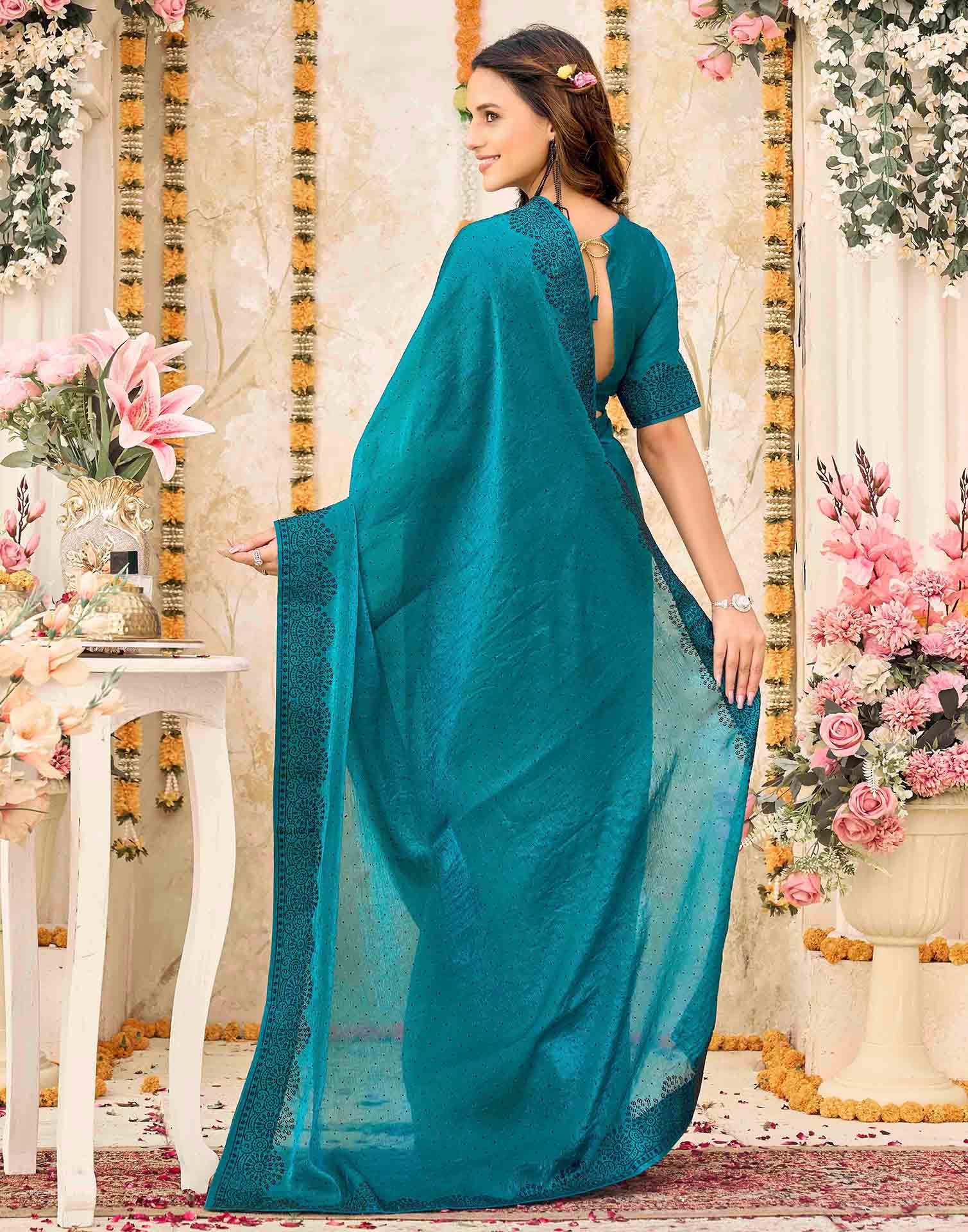 Teal Blue Shimmer Stone Work Swarovski  Saree