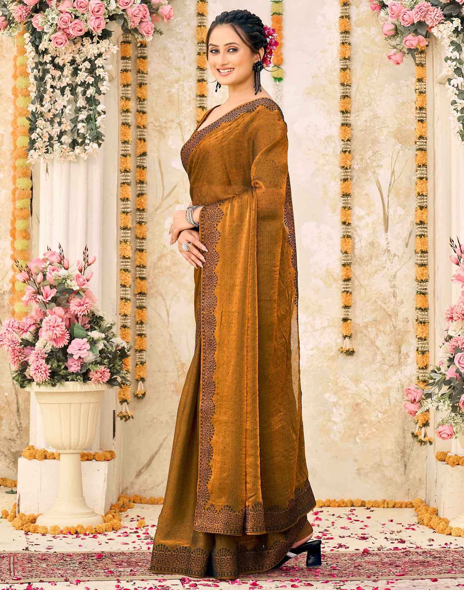Brown Shimmer Stone Work Swarovski  Saree