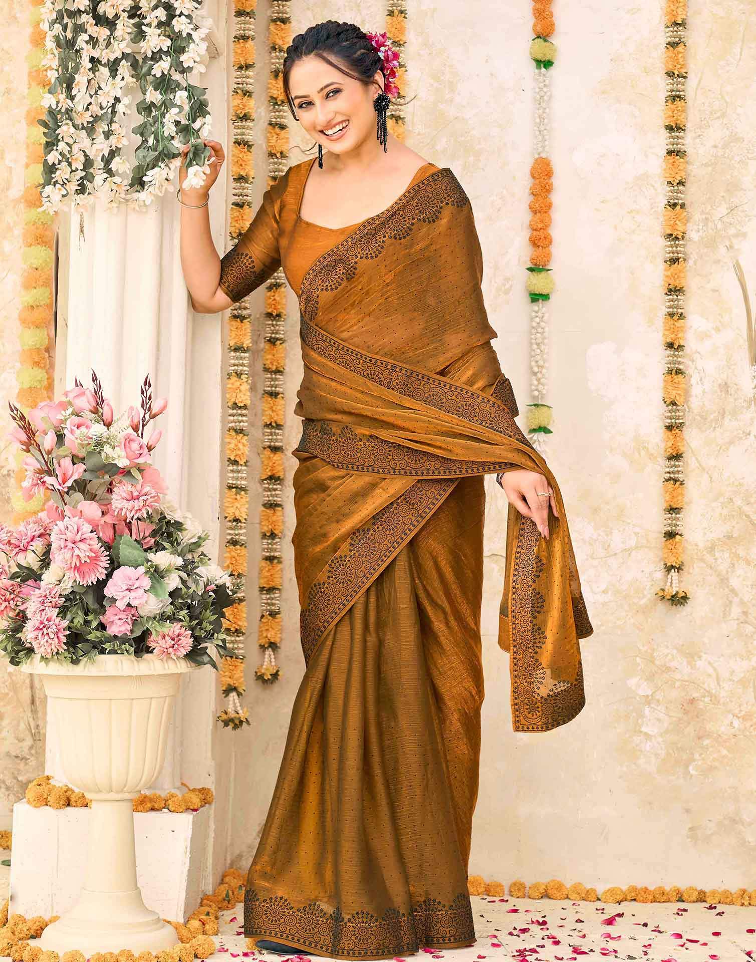 Brown Shimmer Stone Work Swarovski  Saree