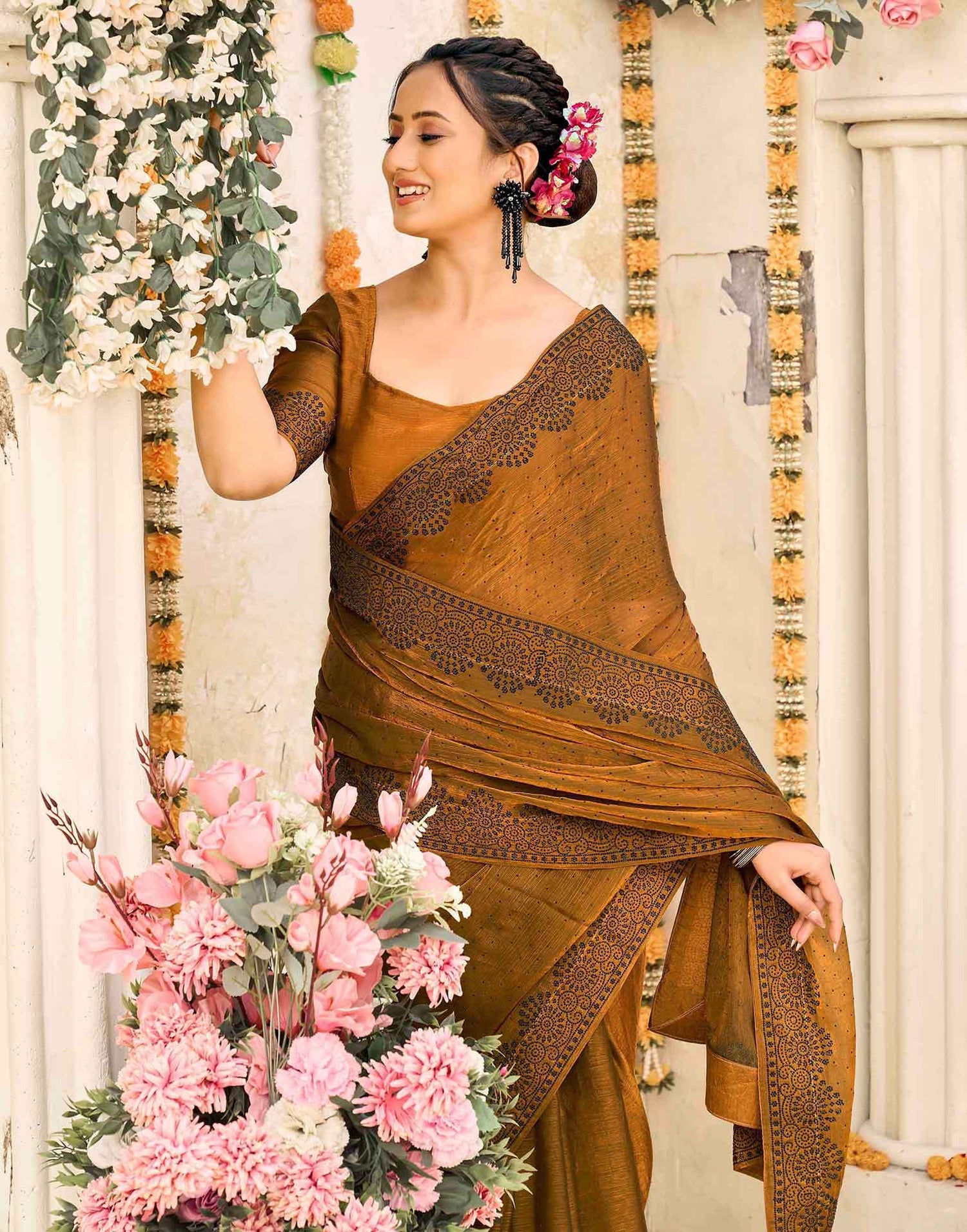Brown Shimmer Stone Work Swarovski  Saree